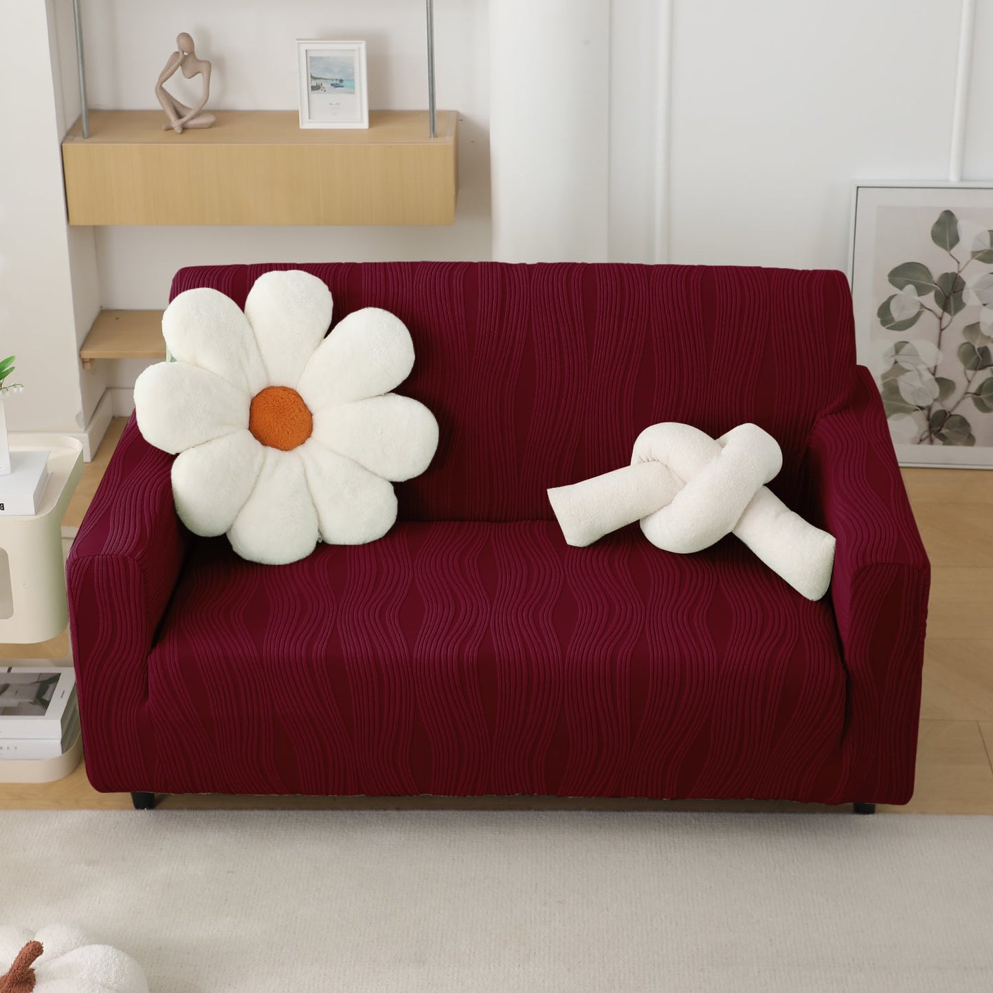 200gsm Knitting Jacquard Sofa Cover 1/2/3/4 Seater Fully Covered, Burgundy