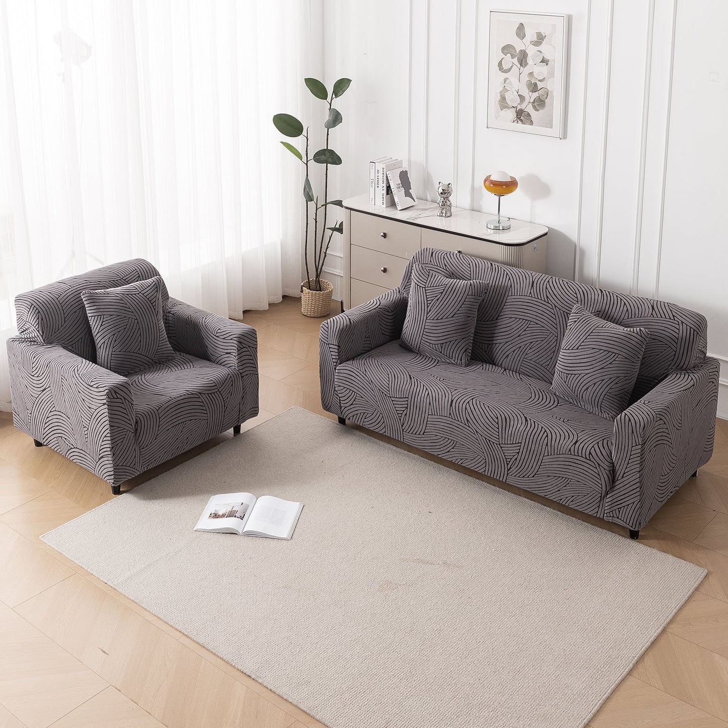 'WaveLine Series' Jacquard Sofa Cover 1/2/3/4-seater Fully Covered, Charcoal Grey