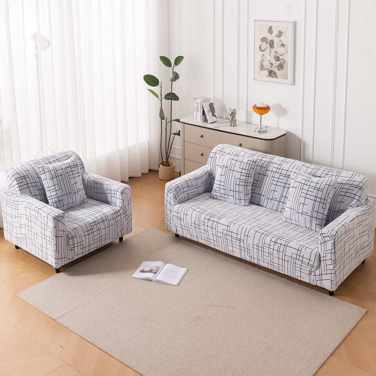 'Crossline Series' Jacquard Sofa Cover 1/2/3/4-seater Fully Covered, Navy Blue