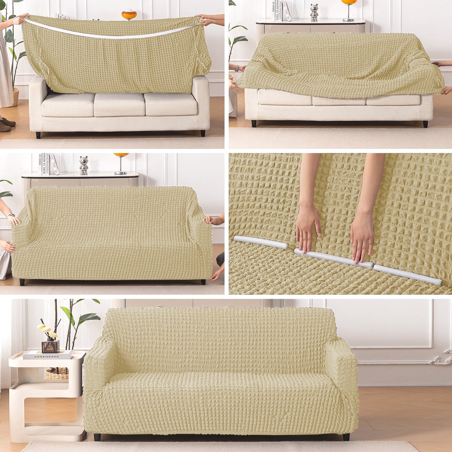 Aria Nova Elastic 280 GSM Stretchable Bubble Sofa Cover , Beige