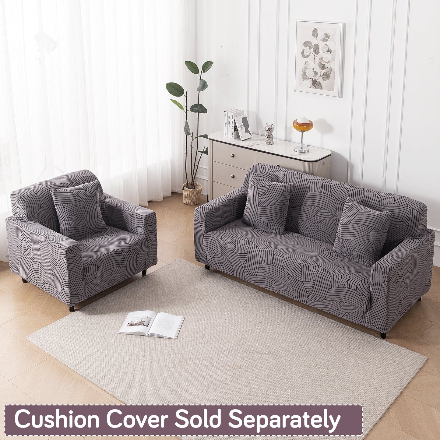 'WaveLine Series' Jacquard Sofa Cover 1/2/3/4-seater Fully Covered, Charcoal Grey
