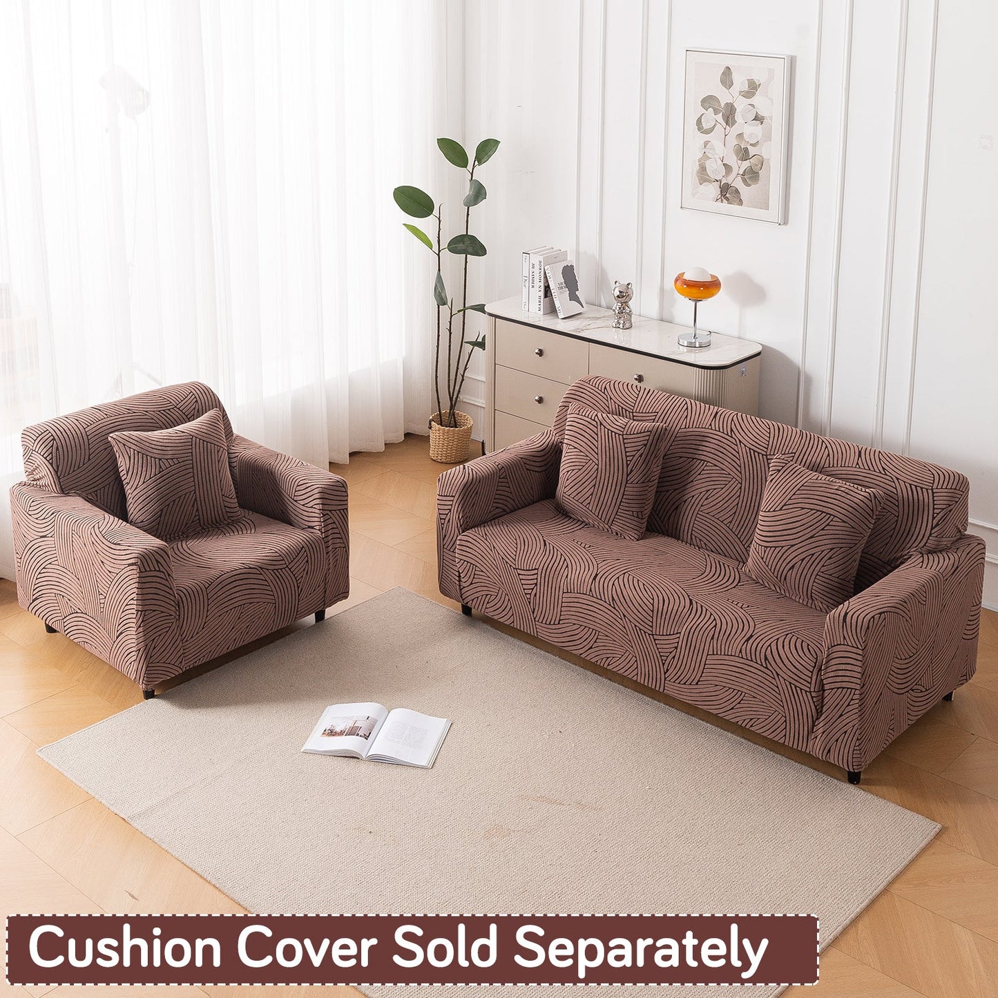'WaveLine Series' Jacquard Sofa Cover 1/2/3/4-seater Fully Covered, Rust Brown