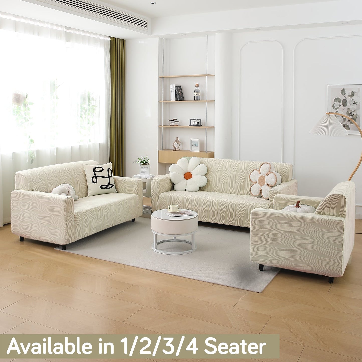 200gsm Knitting Jacquard Sofa Cover 1/2/3/4 Seater Fully Covered, Skimmed Cream