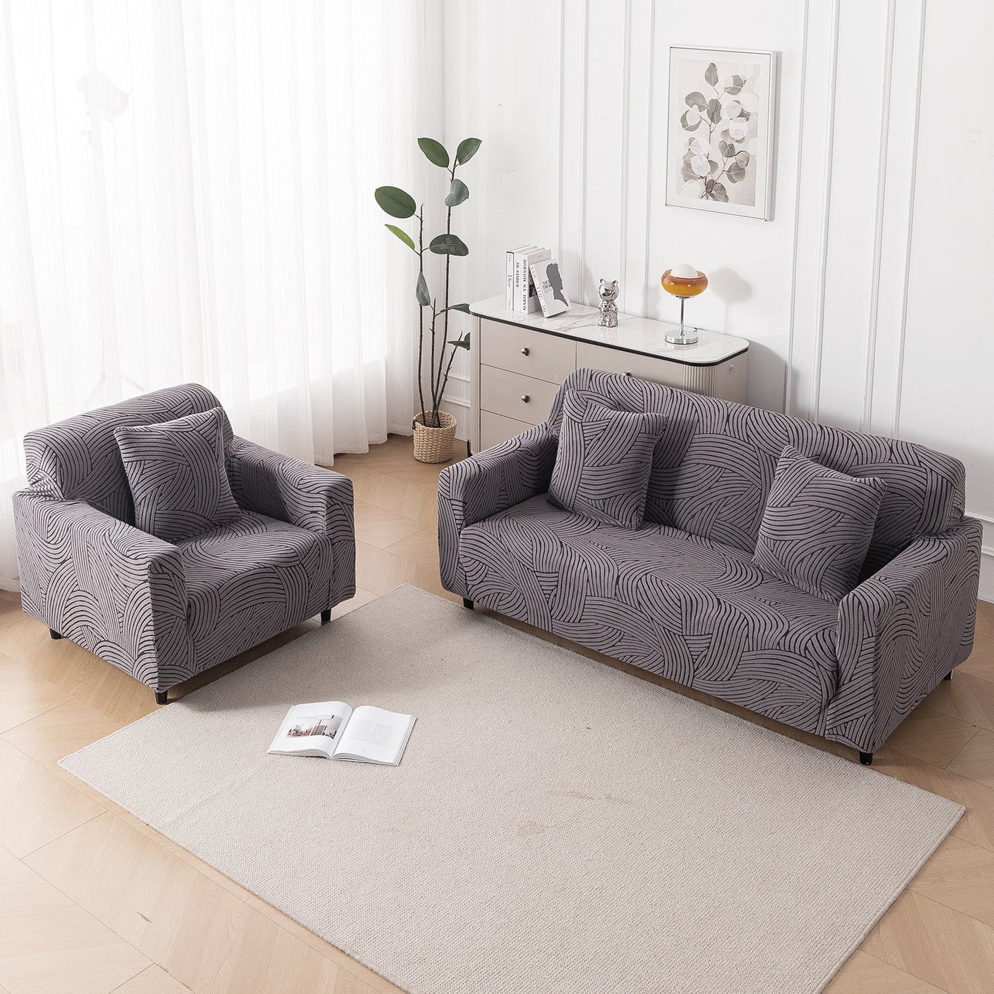 'WaveLine Series' Jacquard Sofa Cover 1/2/3/4-seater Fully Covered, Charcoal Grey