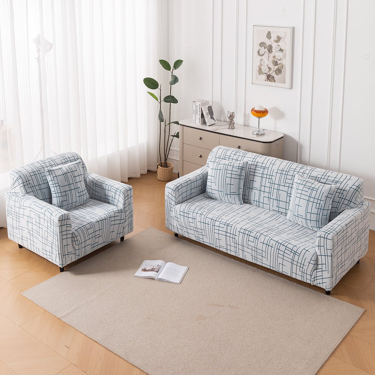 'Crossline Series' Jacquard Sofa Cover 1/2/3/4-seater Fully Covered, Teal Blue