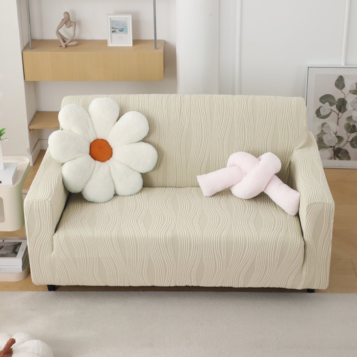 200gsm Knitting Jacquard Sofa Cover 1/2/3/4 Seater Fully Covered, Skimmed Cream