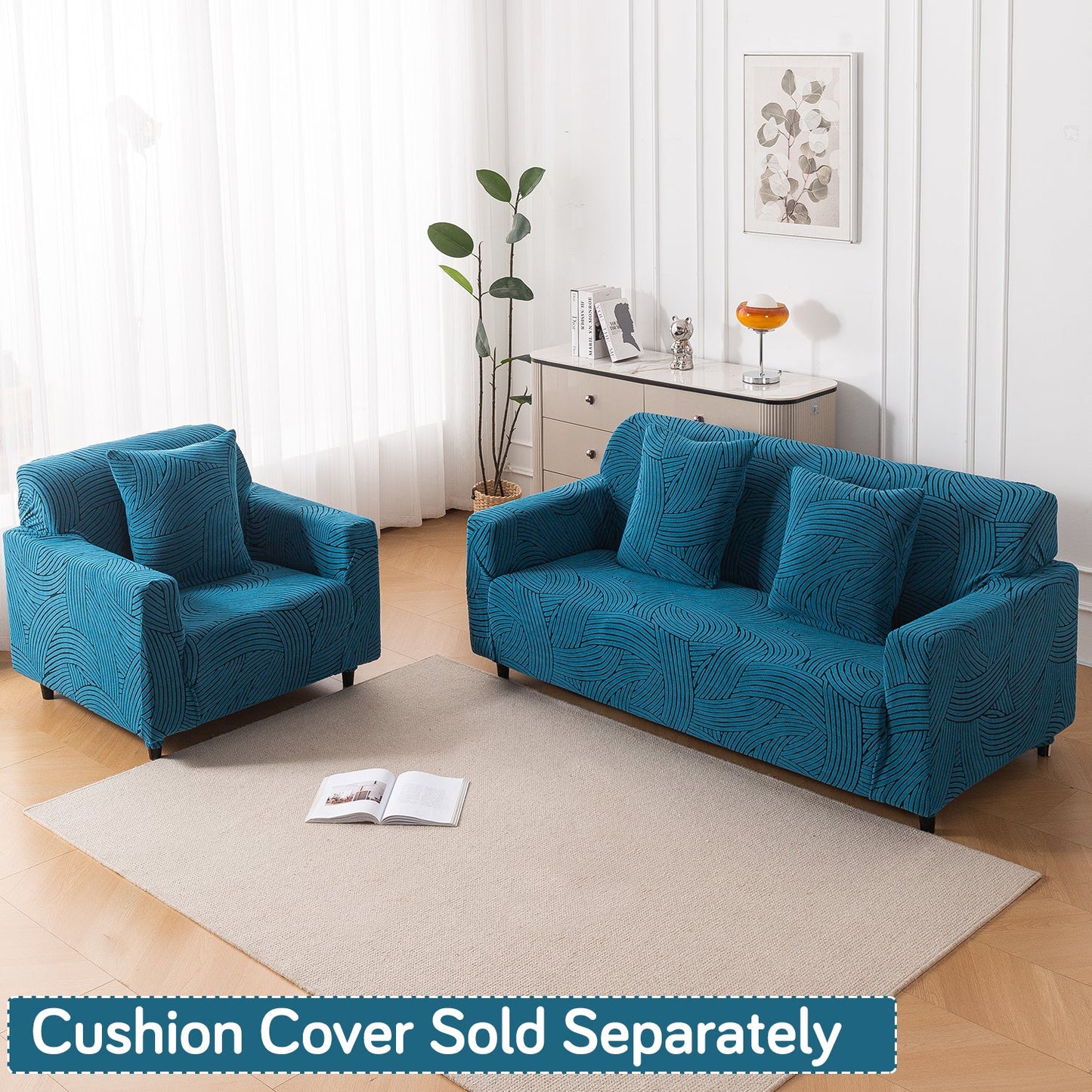 'WaveLine Series' Jacquard Sofa Cover 1/2/3/4-seater Fully Covered, Teal Green