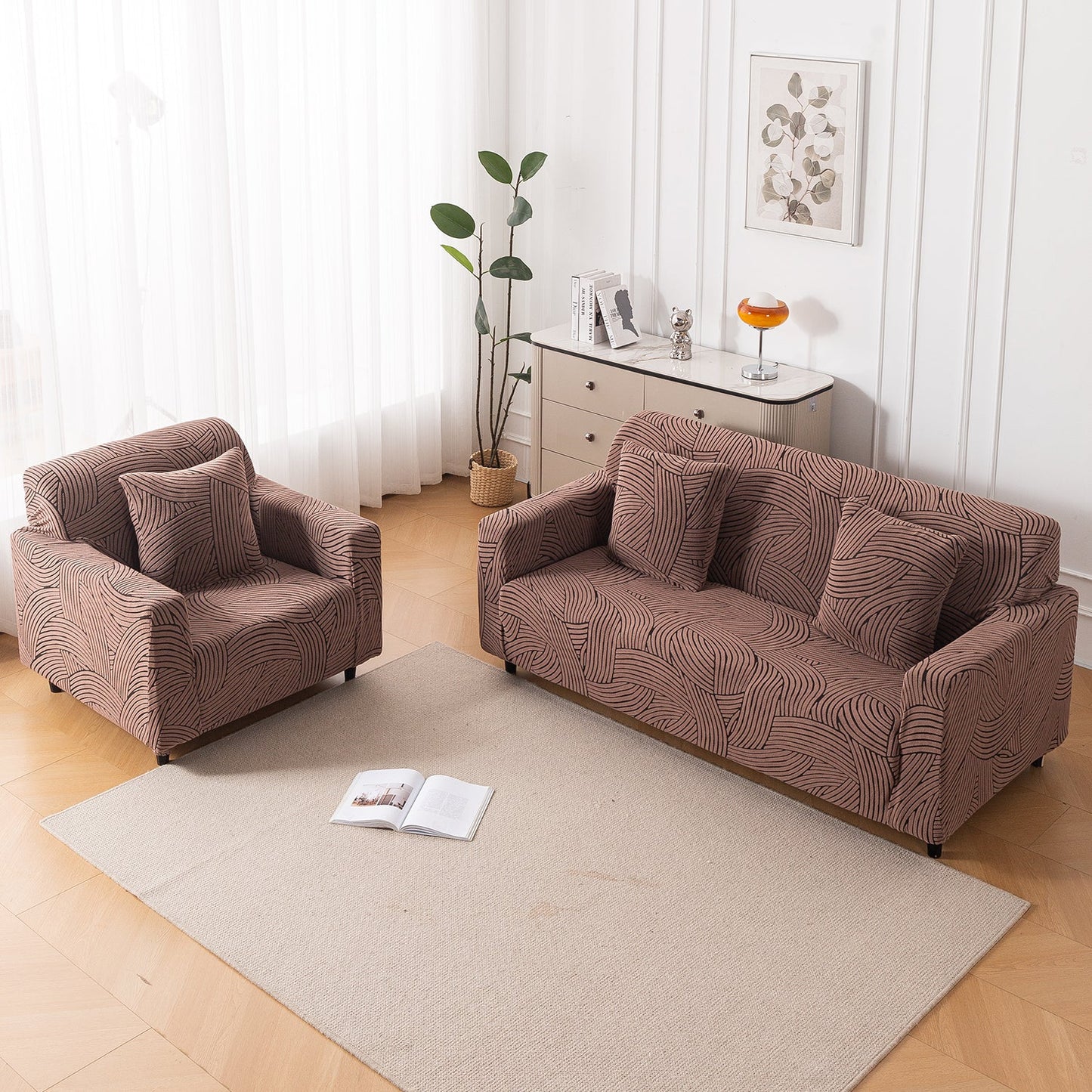 'WaveLine Series' Jacquard Sofa Cover 1/2/3/4-seater Fully Covered, Rust Brown