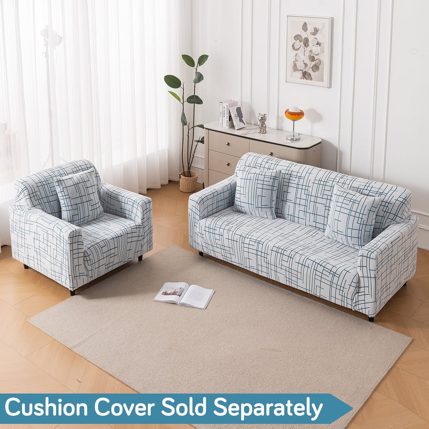 'Crossline Series' Jacquard Sofa Cover 1/2/3/4-seater Fully Covered, Teal Blue