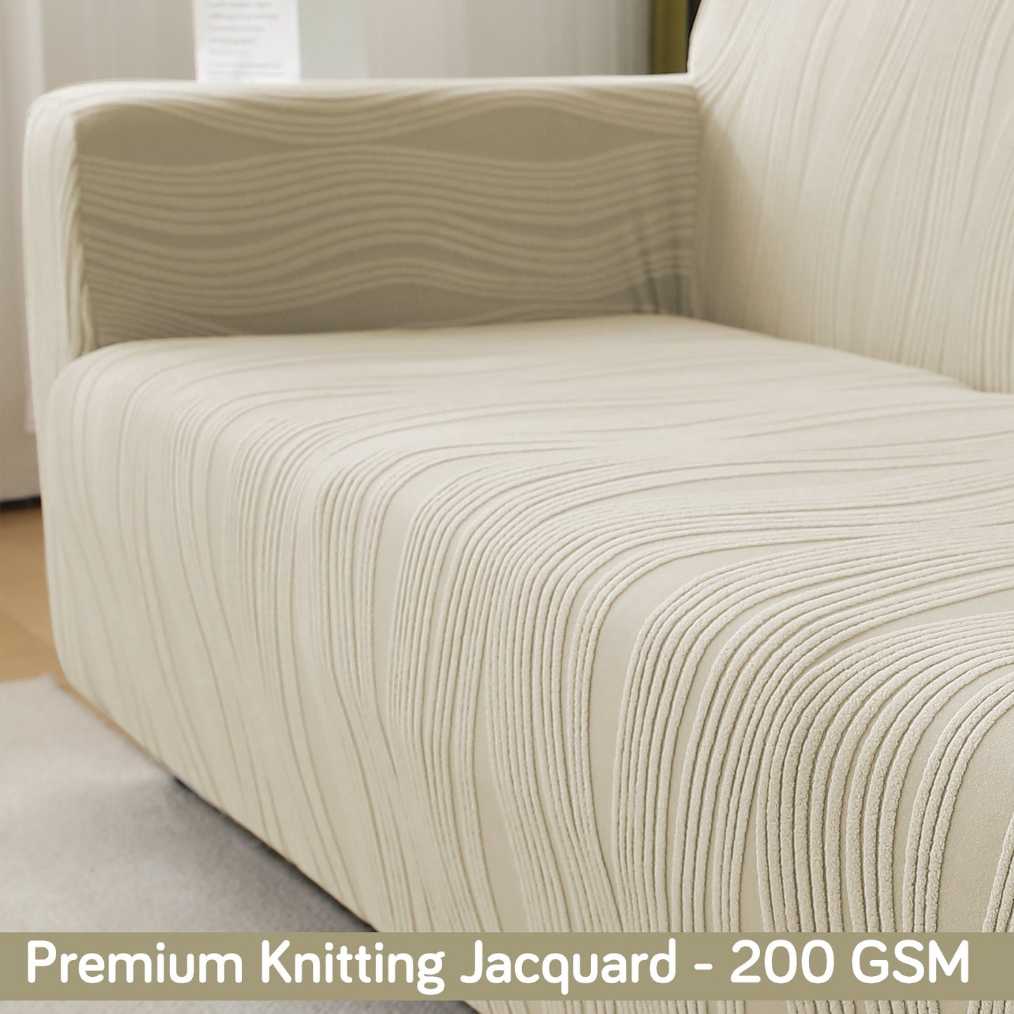 200gsm Knitting Jacquard Sofa Cover 1/2/3/4 Seater Fully Covered, Skimmed Cream