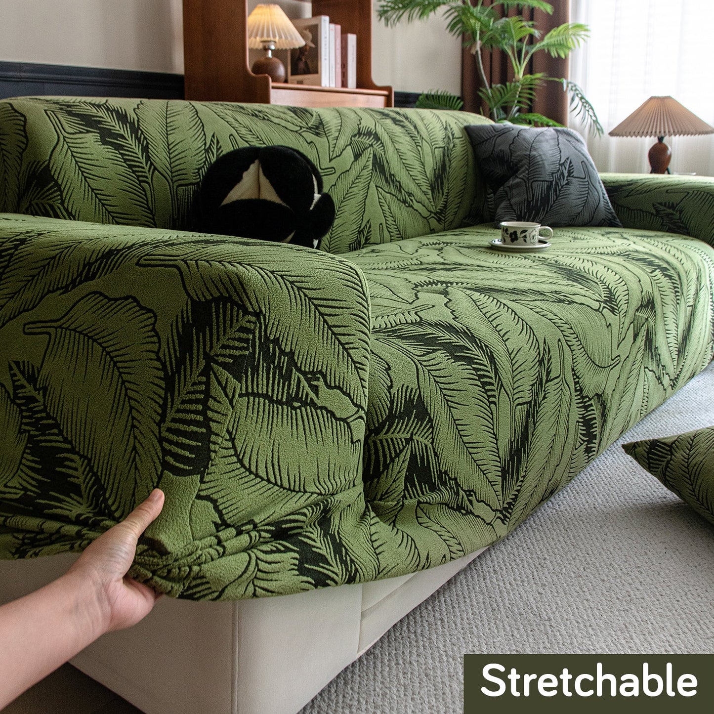 Dual Tone Knitting Jacquard Sofa Cover 1/2/3 Seater Fully Covered - Olive Green