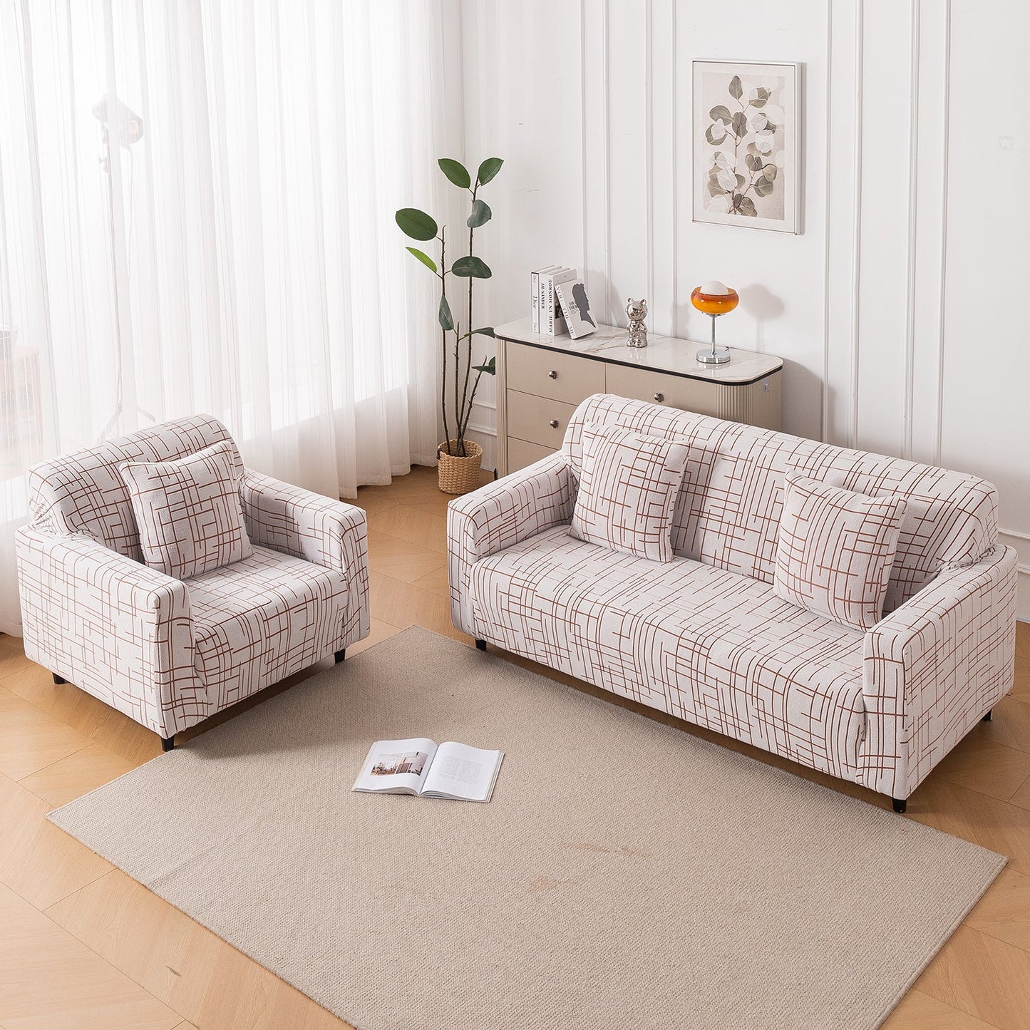 'Crossline Series' Jacquard Sofa Cover 1/2/3/4-seater Fully Covered, Rust Brown