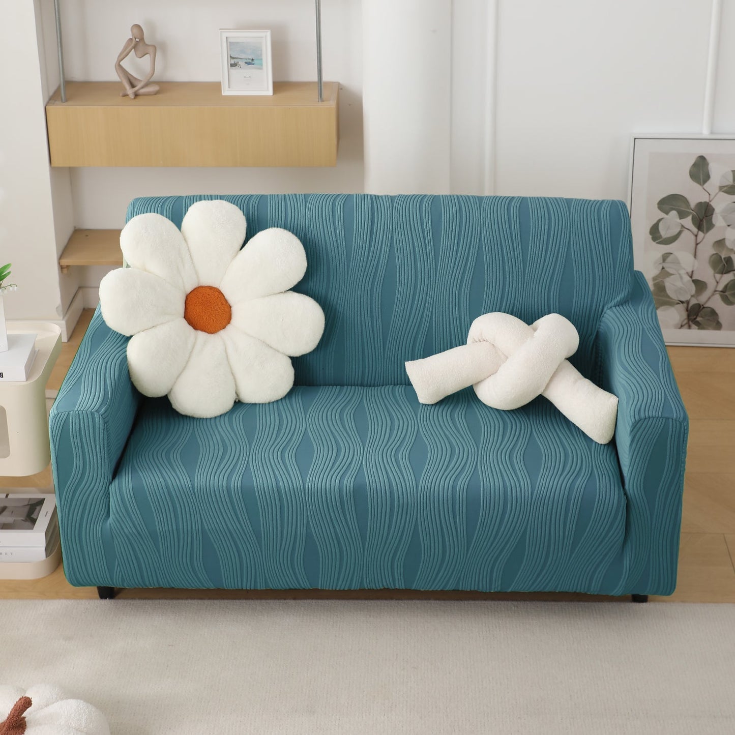 200gsm Knitting Jacquard Sofa Cover 1/2/3/4 Seater Fully Covered, Sea Blue