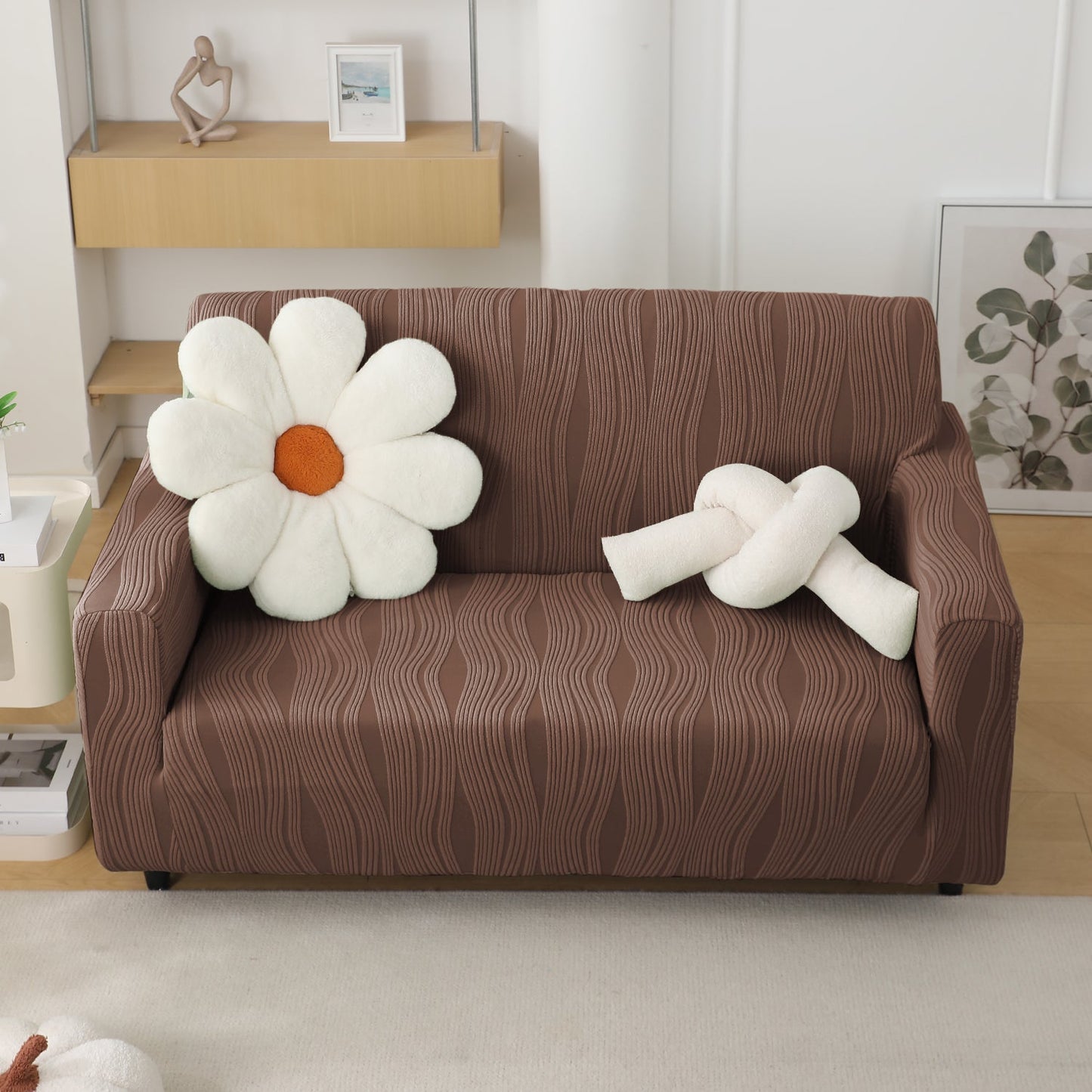 200gsm Knitting Jacquard Sofa Cover 1/2/3/4 Seater Fully Covered, Chocolate Brown