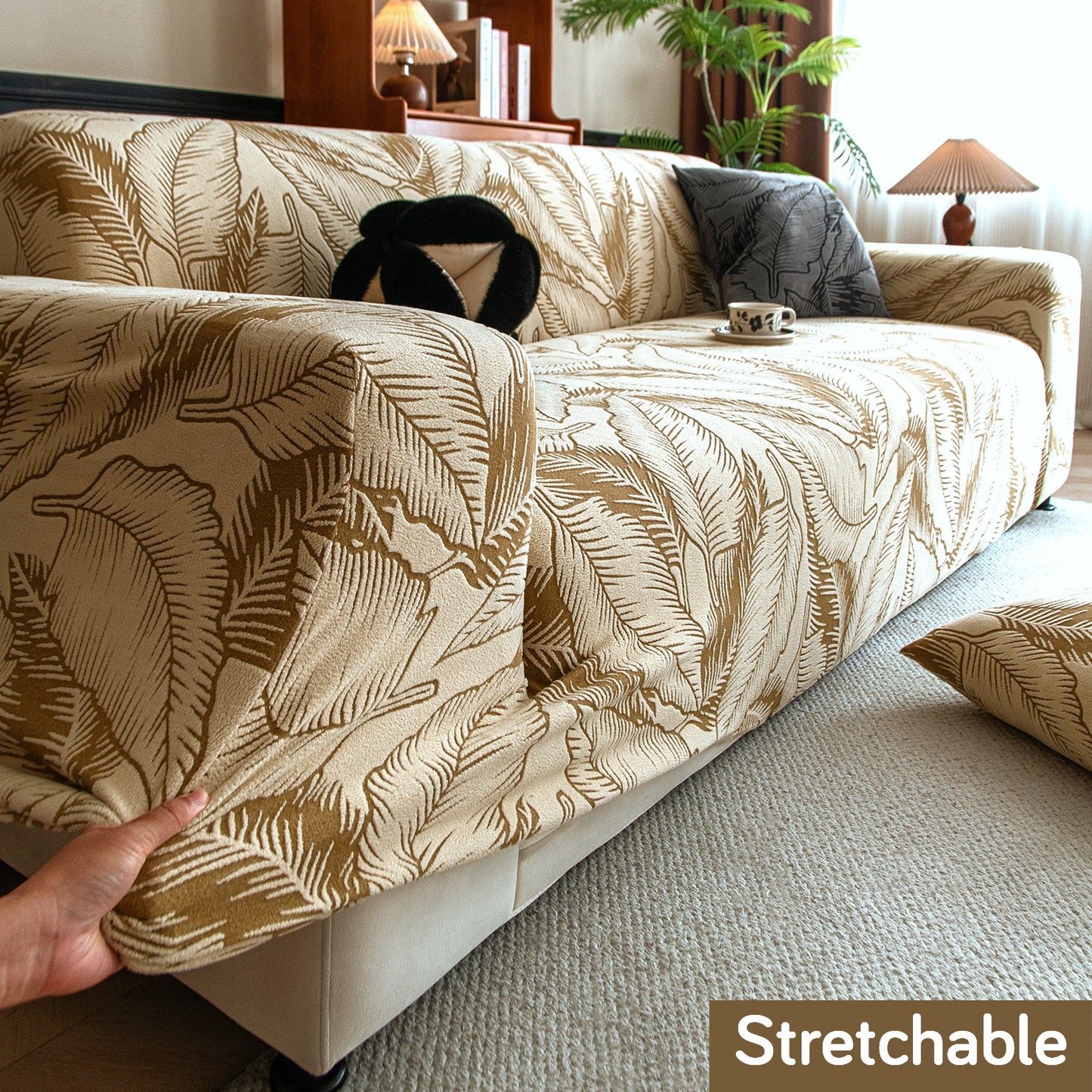 Dual Tone Knitting Jacquard Sofa Cover 1/2/3 Seater Fully Covered - Beige