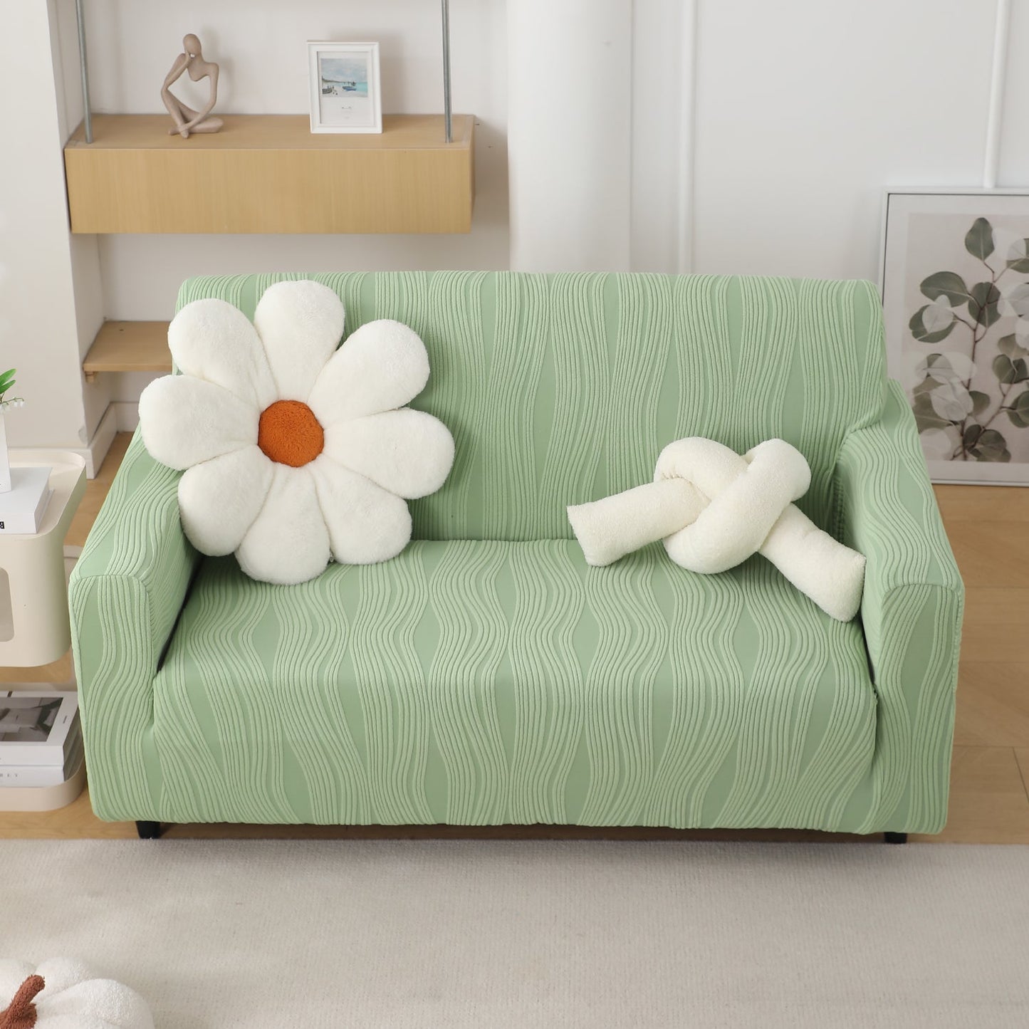 200gsm Knitting Jacquard Sofa Cover 1/2/3/4 Seater Fully Covered, Pastel Green