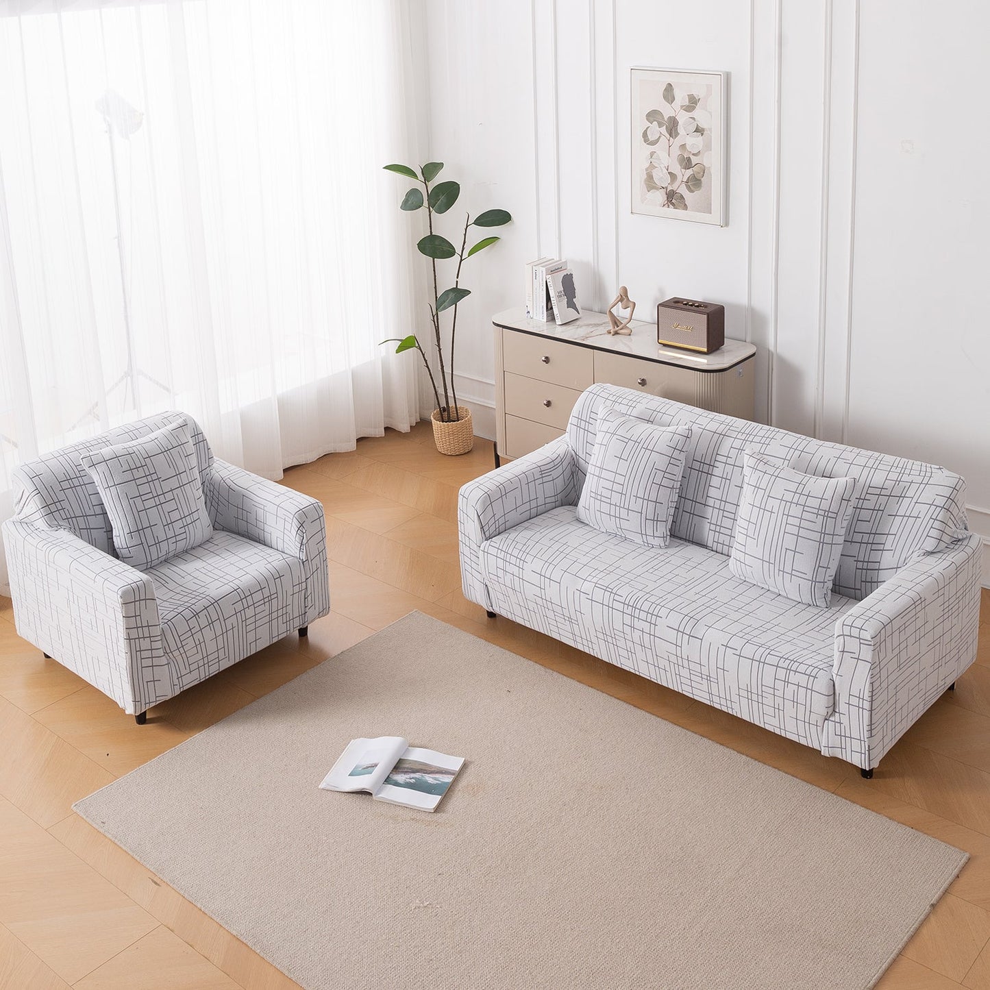 'Crossline Series' Jacquard Sofa Cover 1/2/3/4-seater Fully Covered, Light Grey