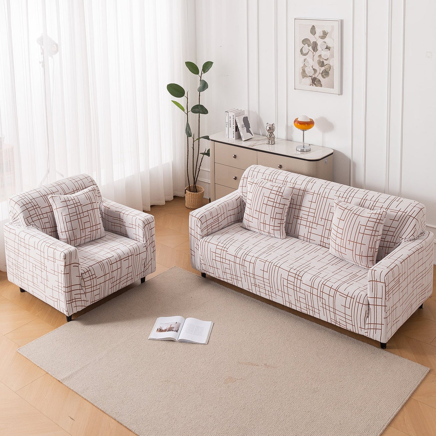 'Crossline Series' Jacquard Sofa Cover 1/2/3/4-seater Fully Covered, Rust Brown