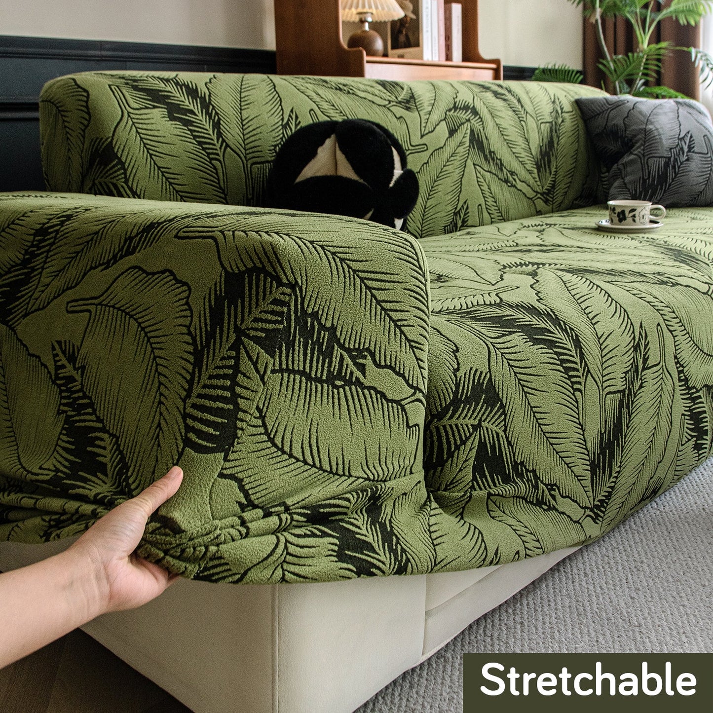 Dual Tone Knitting Jacquard Sofa Cover 1/2/3 Seater Fully Covered - Olive Green