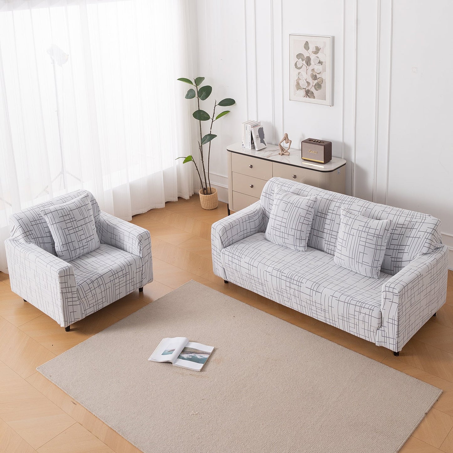 'Crossline Series' Jacquard Sofa Cover 1/2/3/4-seater Fully Covered, Light Grey