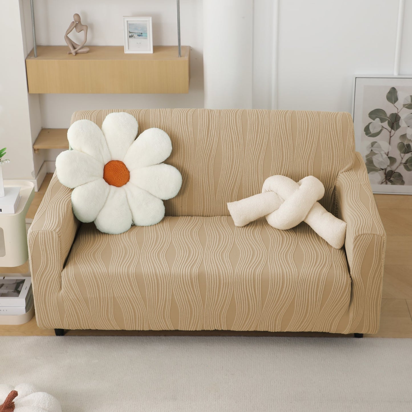 200gsm Knitting Jacquard Sofa Cover 1/2/3/4 Seater Fully Covered, Blush Beige