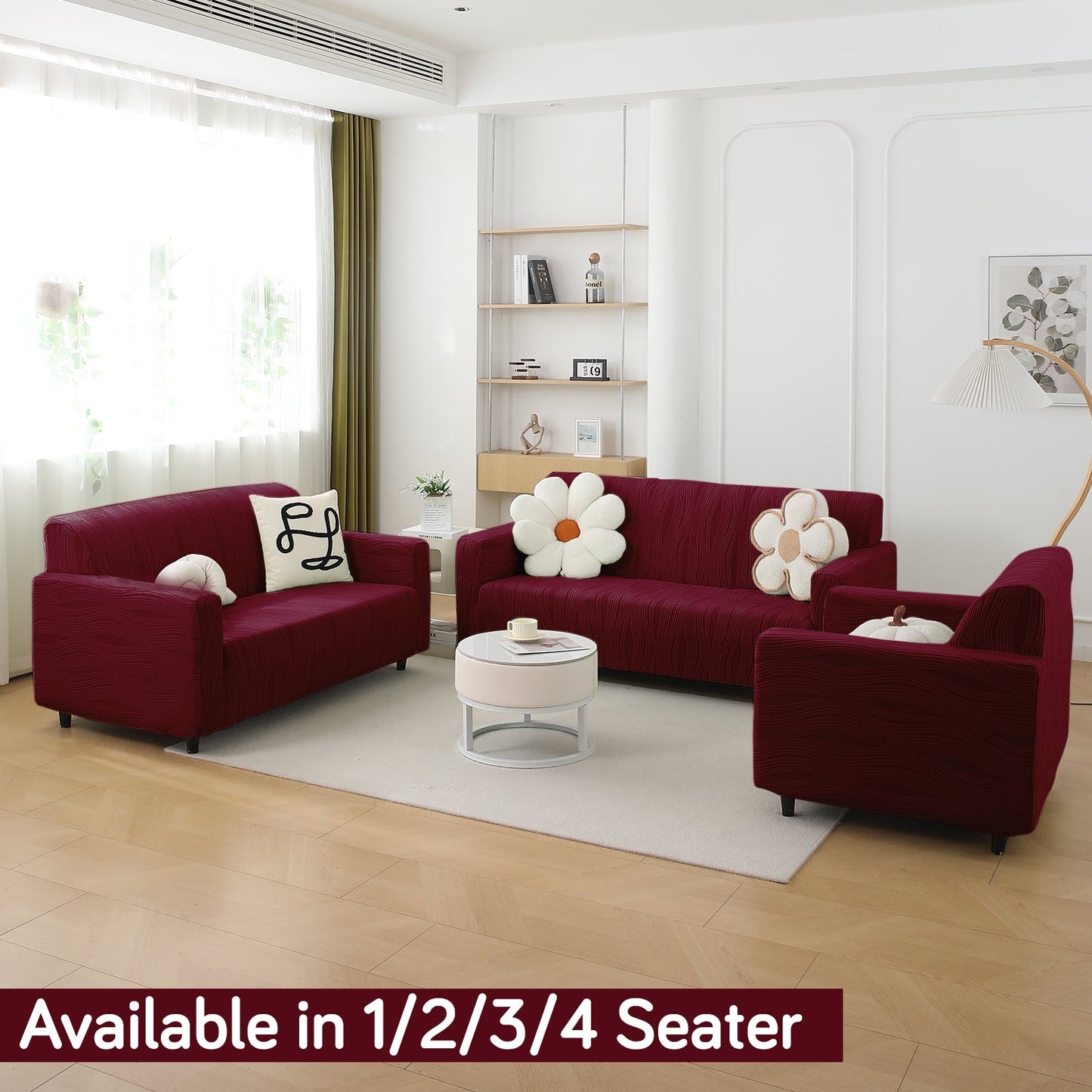 200gsm Knitting Jacquard Sofa Cover 1/2/3/4 Seater Fully Covered, Burgundy