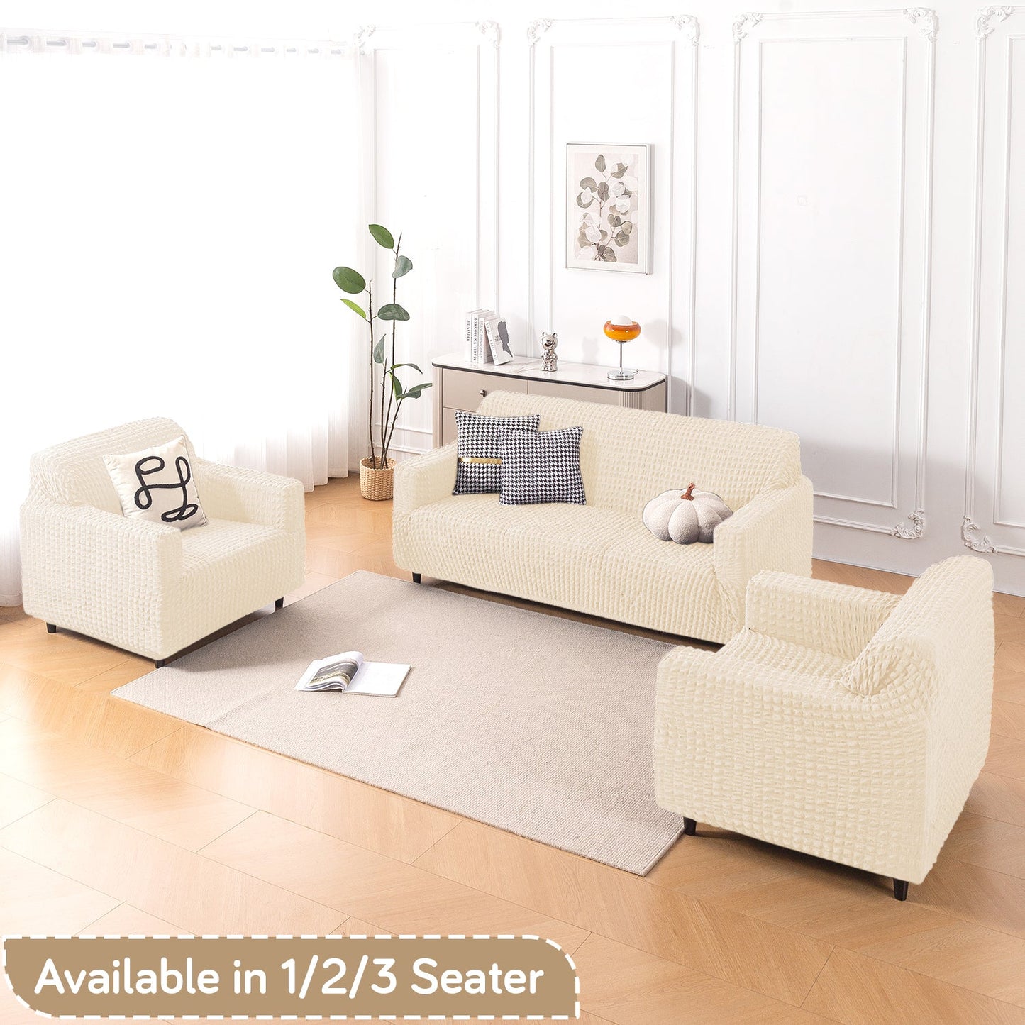 Aria Nova Elastic 280 GSM Stretchable Bubble Sofa Cover, Light Cream