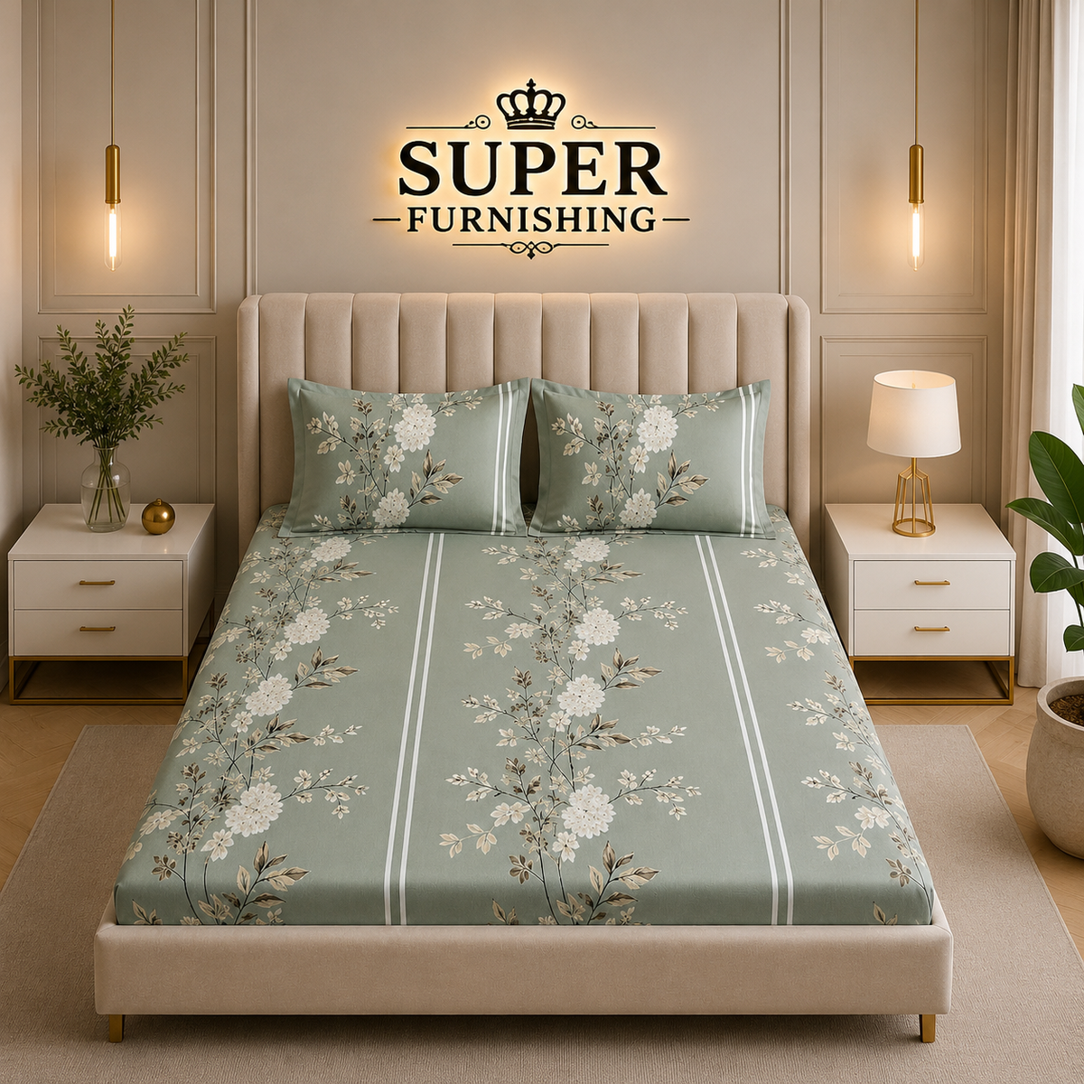 Light Green Cotton Blend Elastic Fitted King Size Double Bed Bedsheet with 2 Pillow Covers SUPER FURNISHING BUY 1 GET 1 FREE