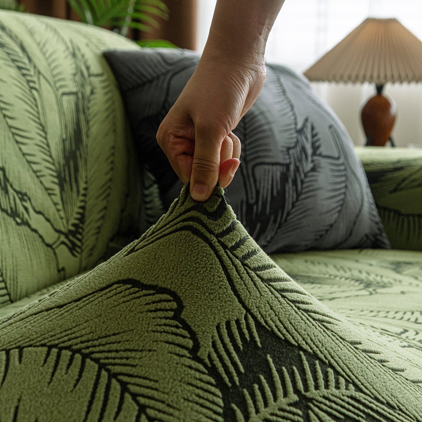 Dual Tone Knitting Jacquard Sofa Cover 1/2/3 Seater Fully Covered - Olive Green