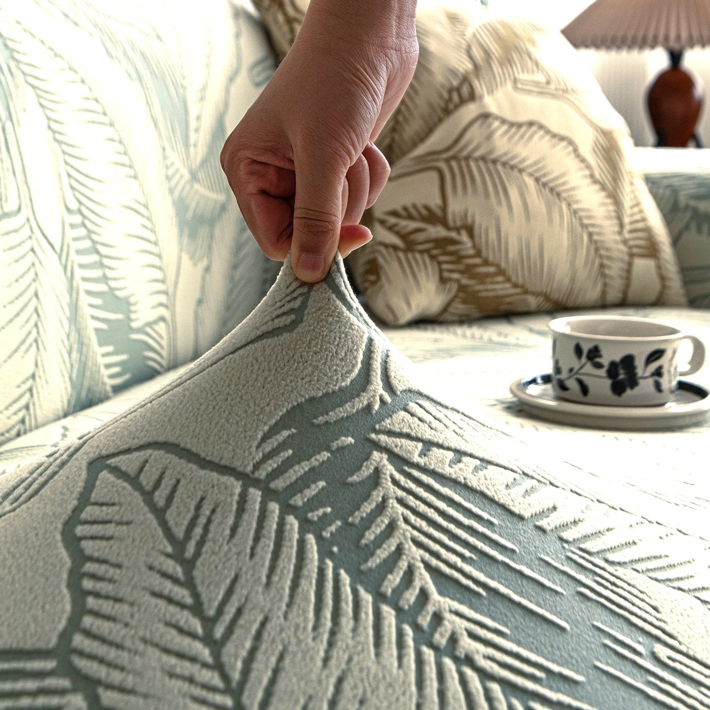 Dual Tone Knitting Jacquard Sofa Cover 1/2/3 Seater Fully Covered - Creamish Pale Green