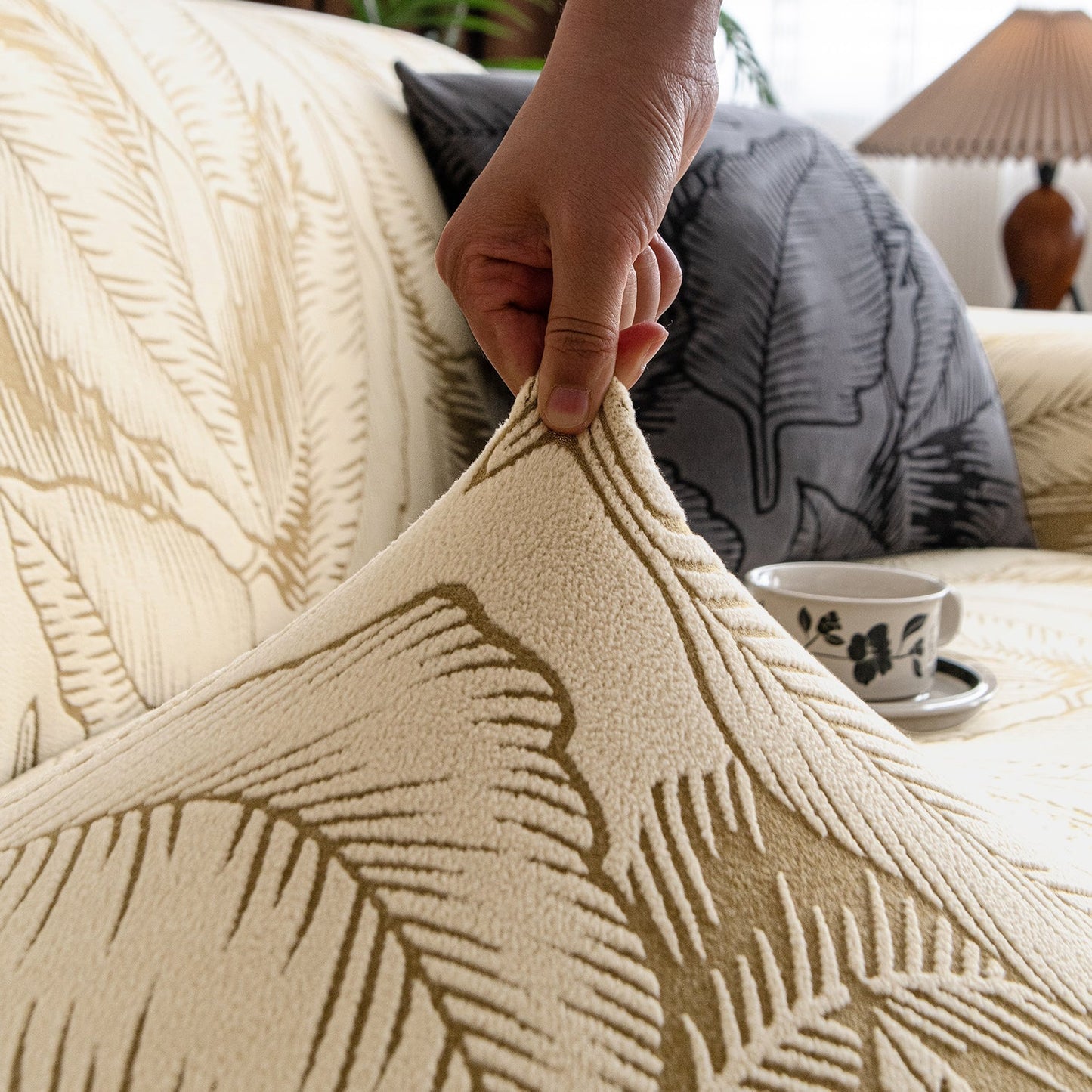 Dual Tone Knitting Jacquard Sofa Cover 1/2/3 Seater Fully Covered - Beige