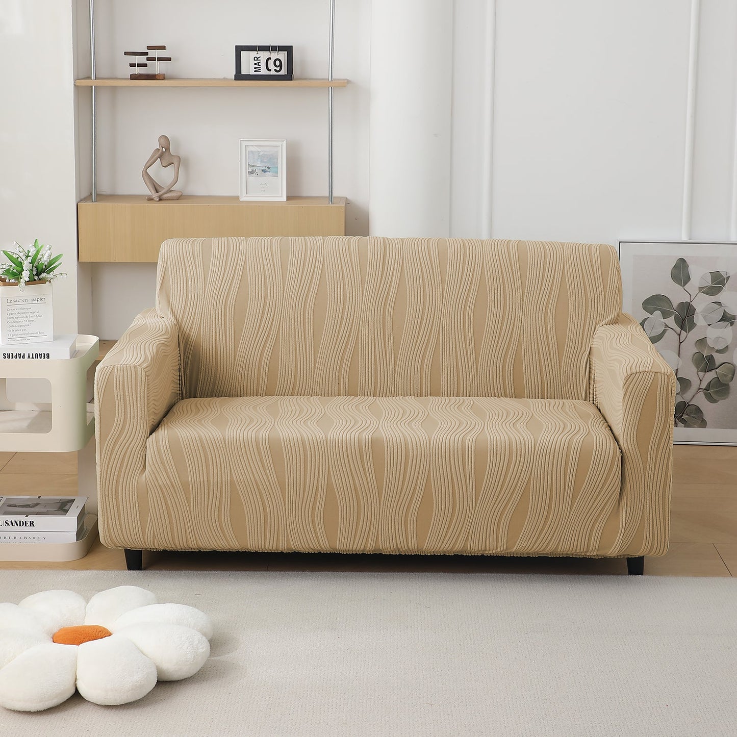 200gsm Knitting Jacquard Sofa Cover 1/2/3/4 Seater Fully Covered, Blush Beige