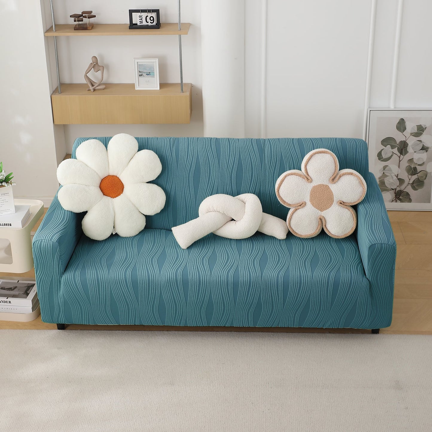 200gsm Knitting Jacquard Sofa Cover 1/2/3/4 Seater Fully Covered, Sea Blue