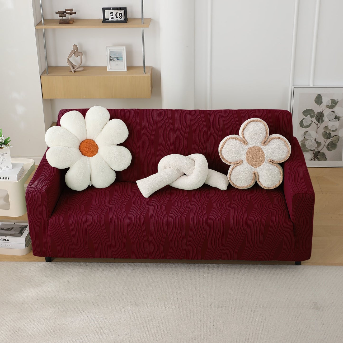 200gsm Knitting Jacquard Sofa Cover 1/2/3/4 Seater Fully Covered, Burgundy