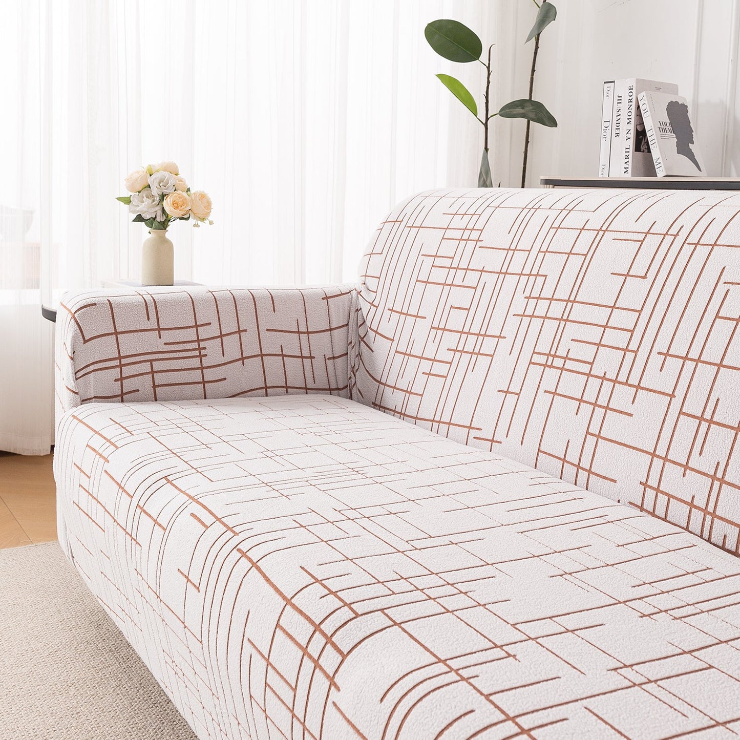 'Crossline Series' Jacquard Sofa Cover 1/2/3/4-seater Fully Covered, Rust Brown