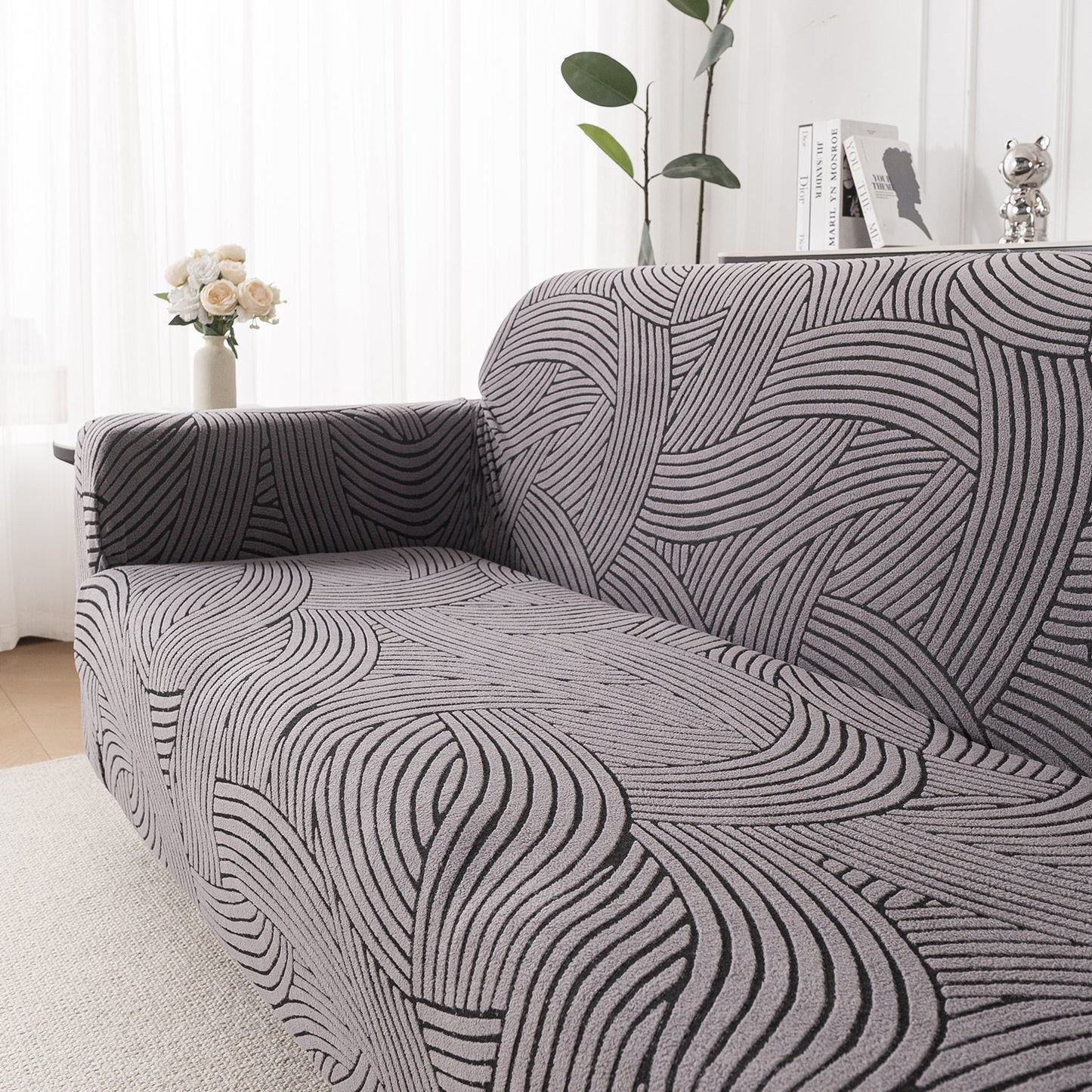 'WaveLine Series' Jacquard Sofa Cover 1/2/3/4-seater Fully Covered, Charcoal Grey
