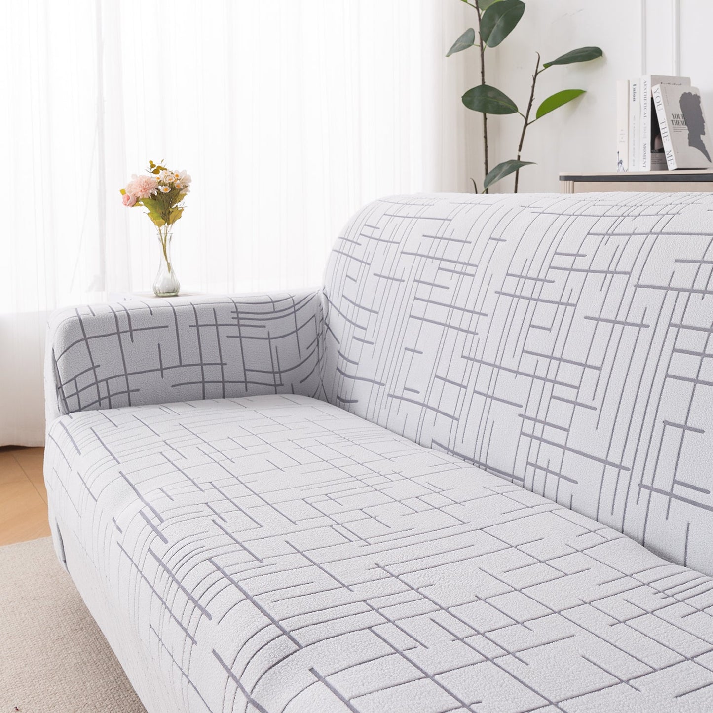 'Crossline Series' Jacquard Sofa Cover 1/2/3/4-seater Fully Covered, Light Grey