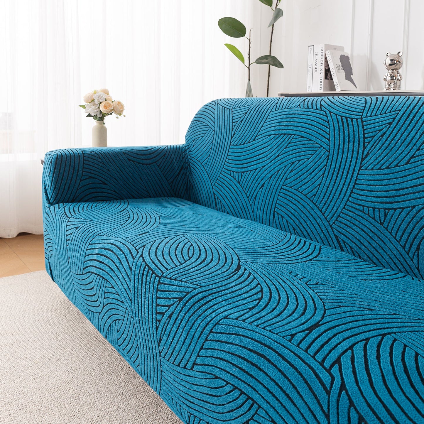 'WaveLine Series' Jacquard Sofa Cover 1/2/3/4-seater Fully Covered, Teal Green