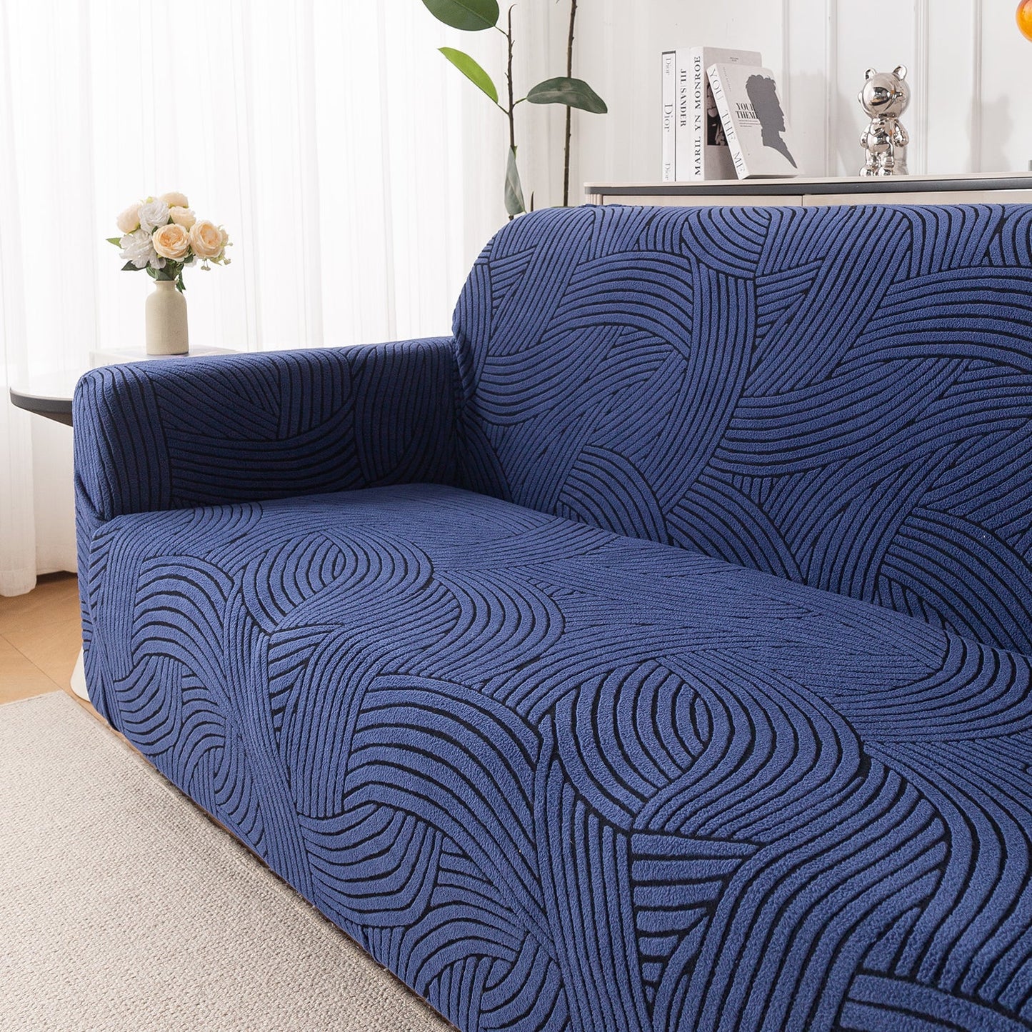 'WaveLine Series' Jacquard Sofa Cover 1/2/3/4-seater Fully Covered, Royal Blue
