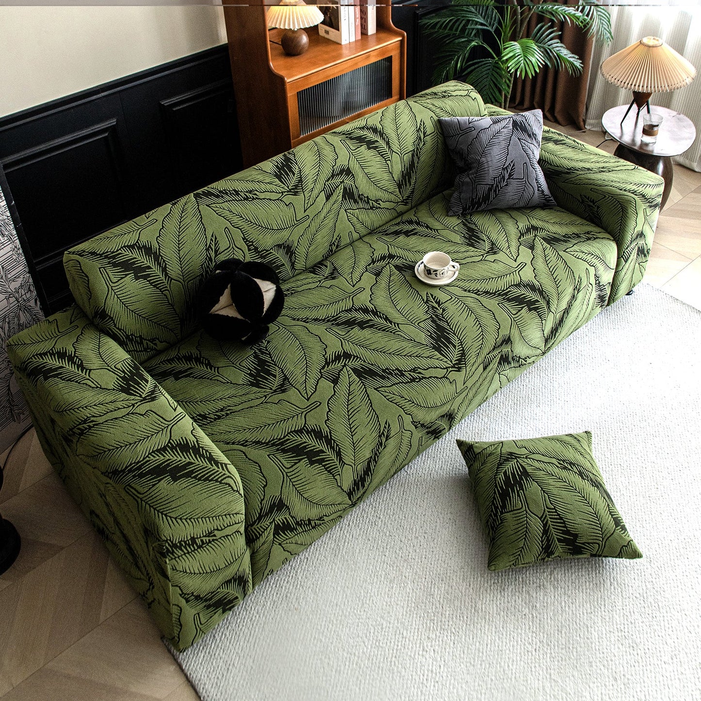 Dual Tone Knitting Jacquard Sofa Cover 1/2/3 Seater Fully Covered - Olive Green