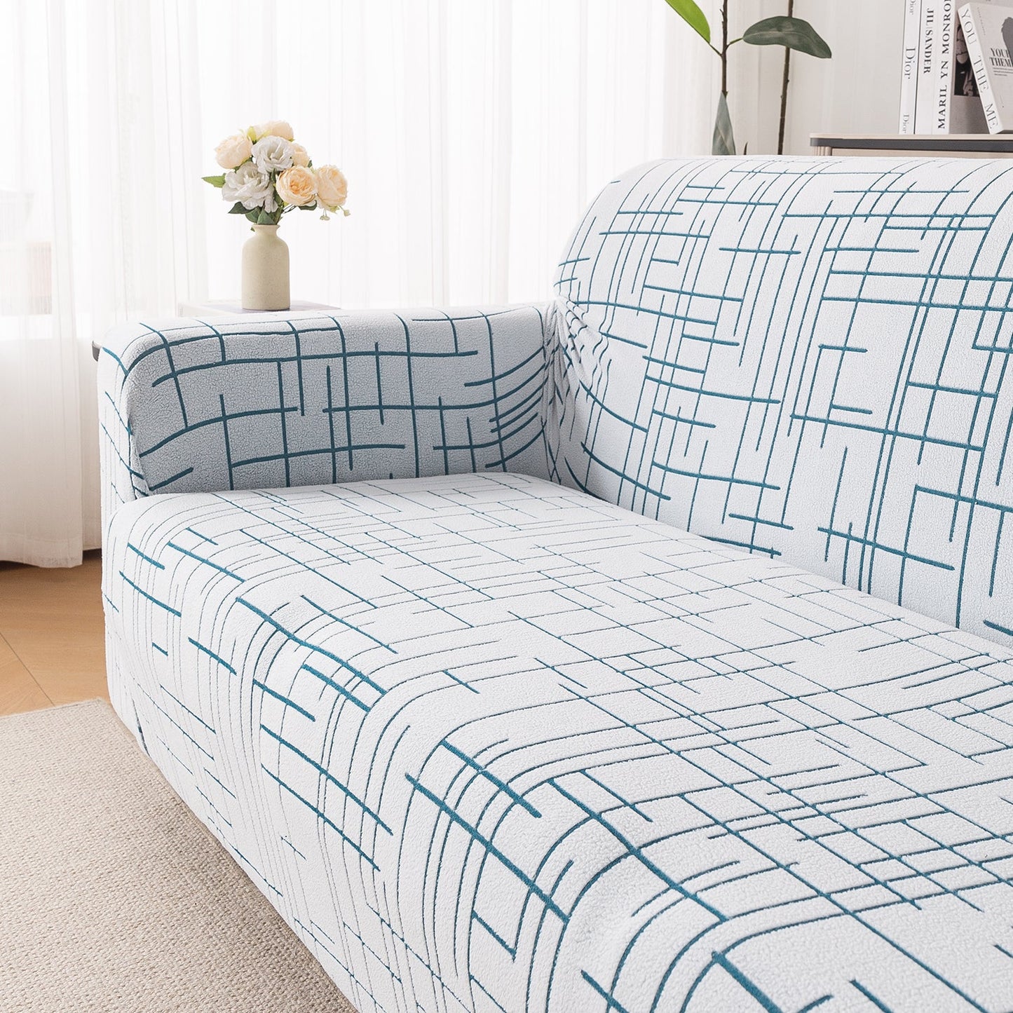 'Crossline Series' Jacquard Sofa Cover 1/2/3/4-seater Fully Covered, Teal Blue