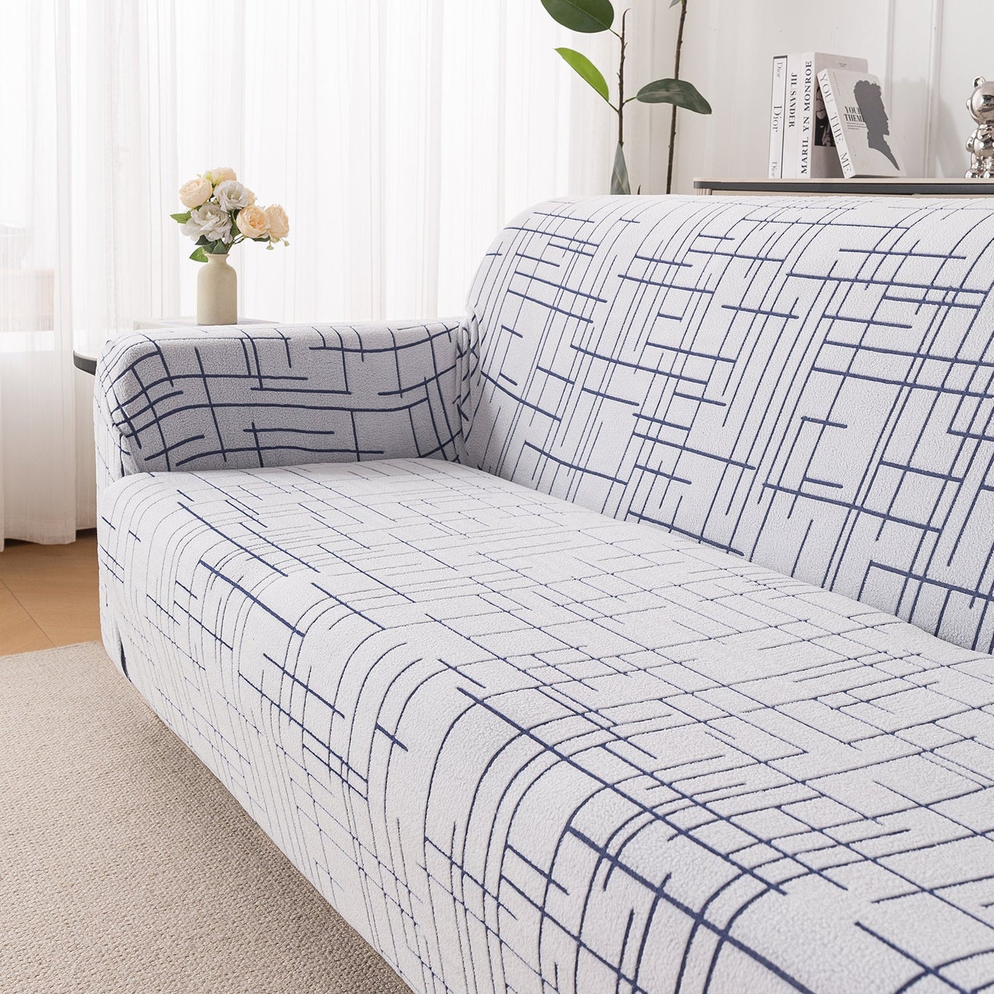 'Crossline Series' Jacquard Sofa Cover 1/2/3/4-seater Fully Covered, Navy Blue