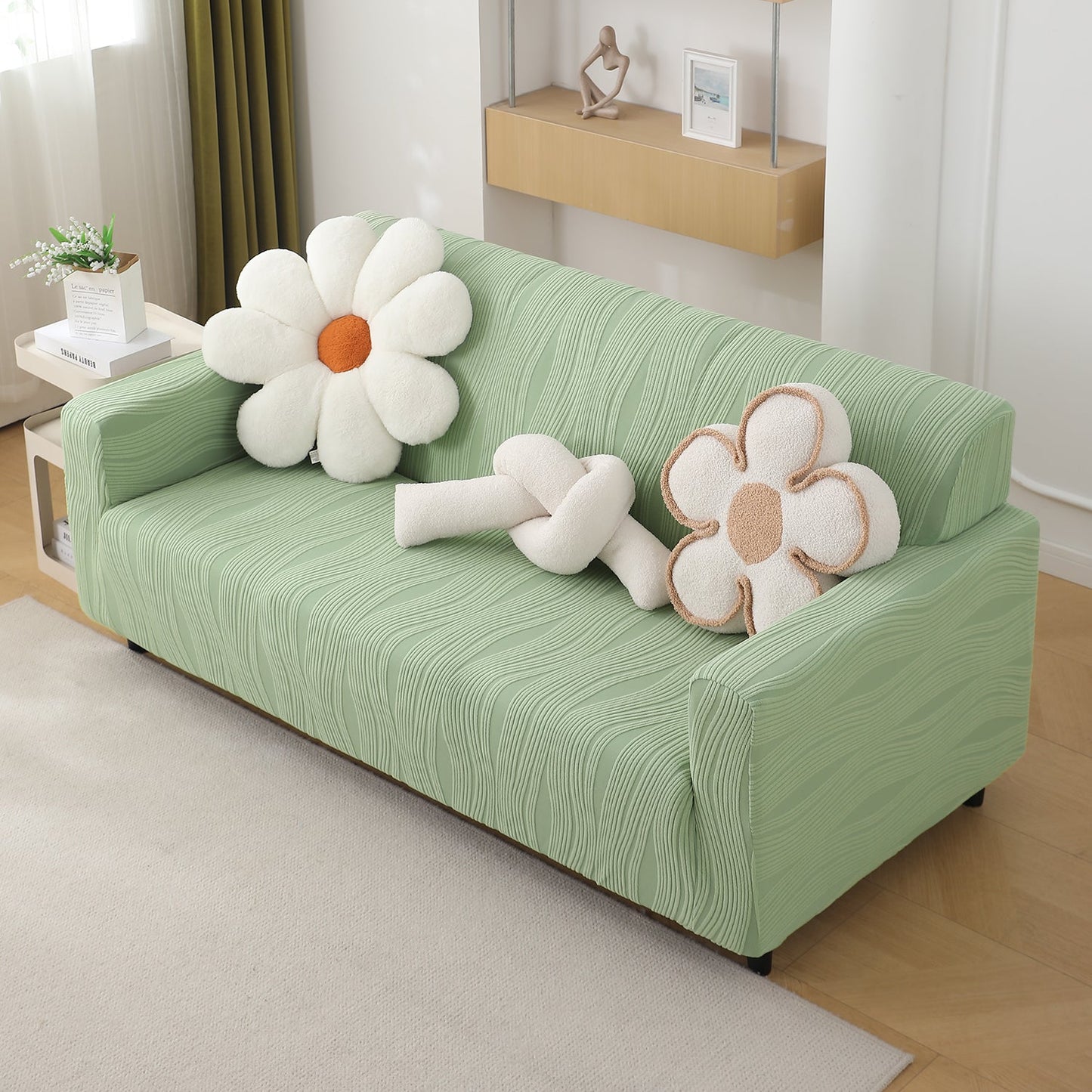 200gsm Knitting Jacquard Sofa Cover 1/2/3/4 Seater Fully Covered, Pastel Green