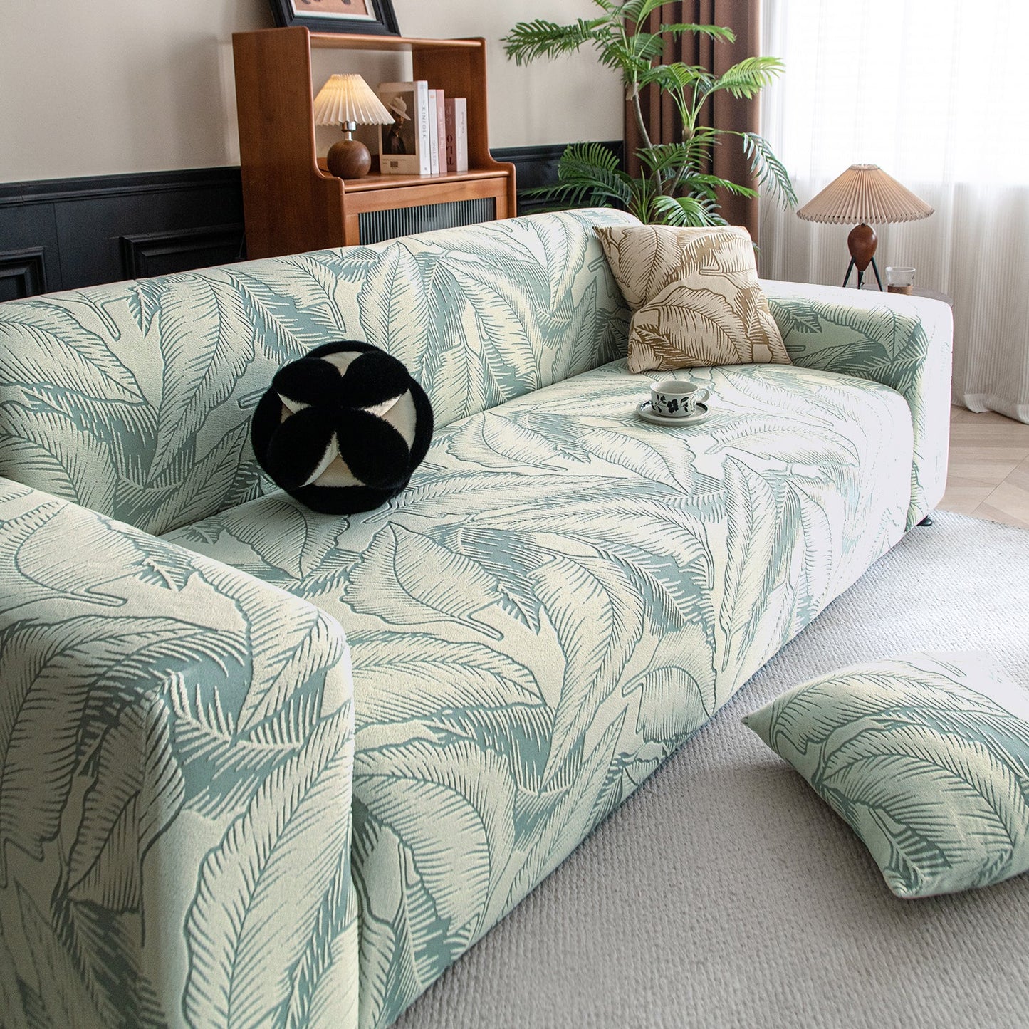 Dual Tone Knitting Jacquard Sofa Cover 1/2/3 Seater Fully Covered - Creamish Pale Green