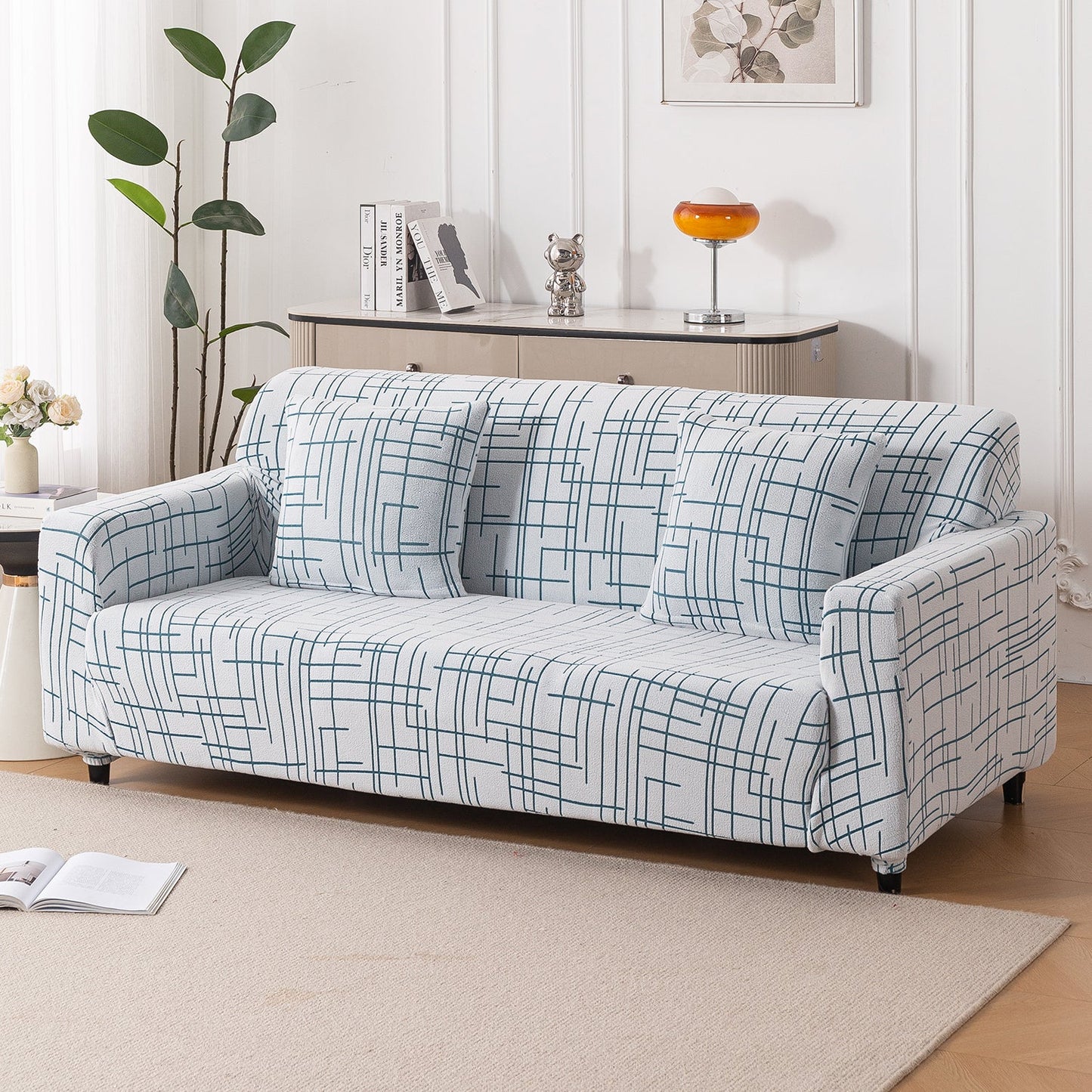 'Crossline Series' Jacquard Sofa Cover 1/2/3/4-seater Fully Covered, Teal Blue