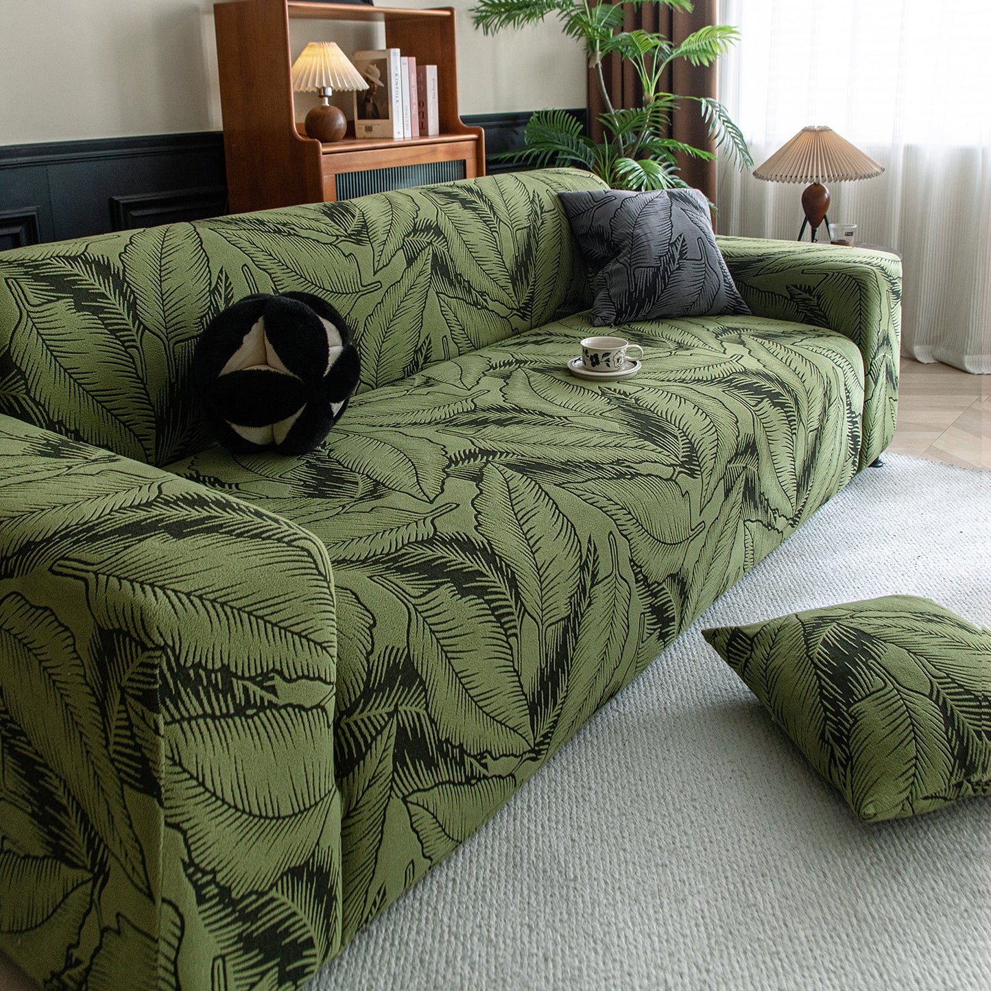 Dual Tone Knitting Jacquard Sofa Cover 1/2/3 Seater Fully Covered - Olive Green