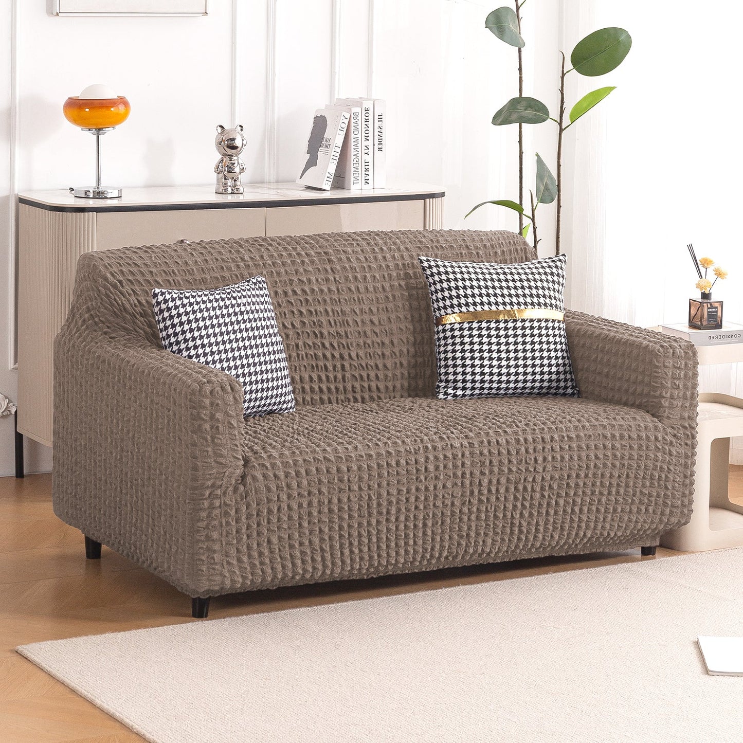 Aria Nova Elastic 280 GSM Stretchable Bubble Sofa Cover , Mocha Brown