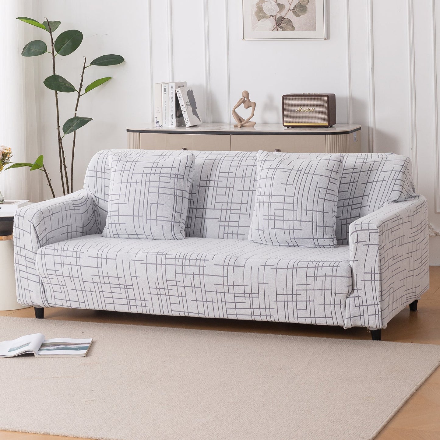 'Crossline Series' Jacquard Sofa Cover 1/2/3/4-seater Fully Covered, Light Grey