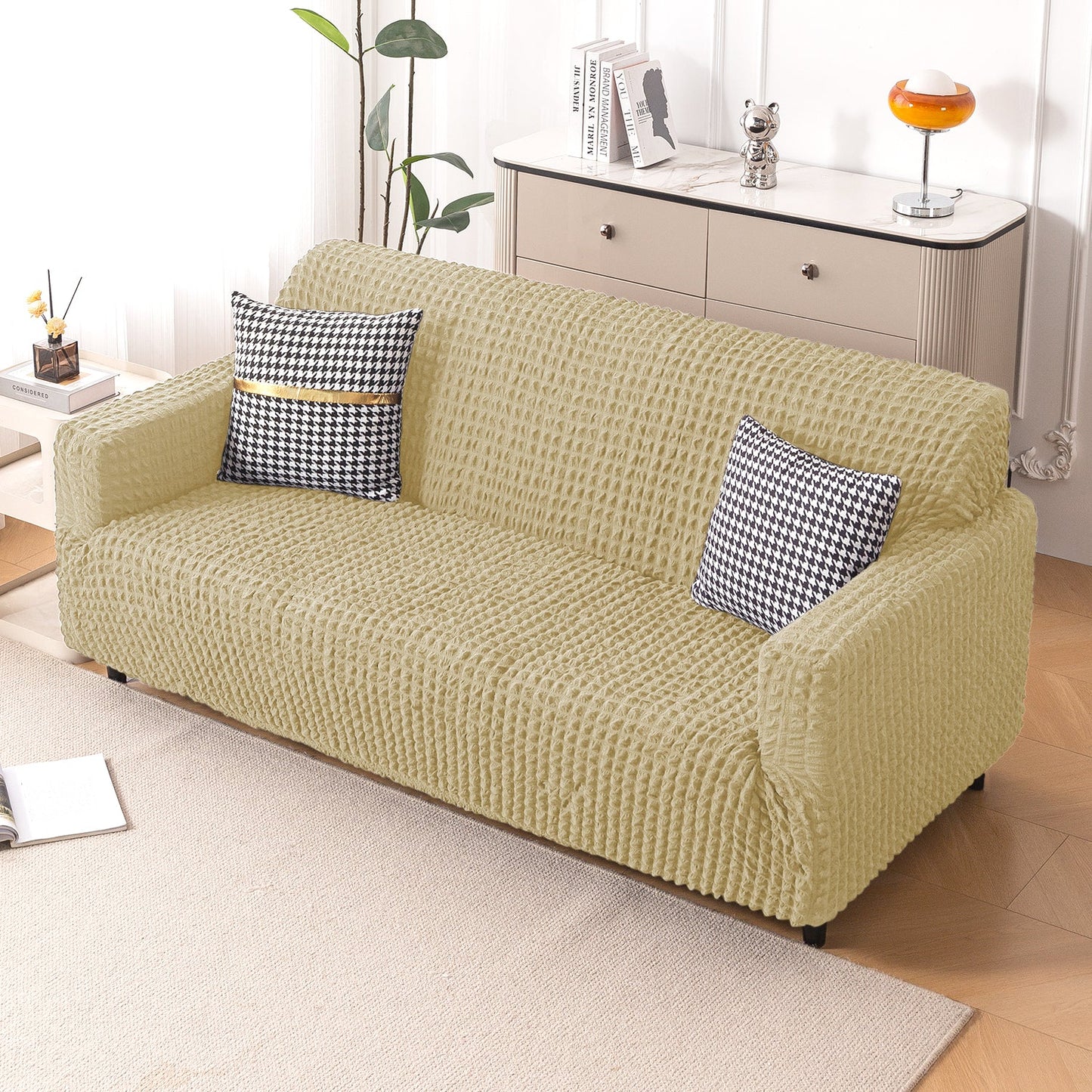 Aria Nova Elastic 280 GSM Stretchable Bubble Sofa Cover , Beige