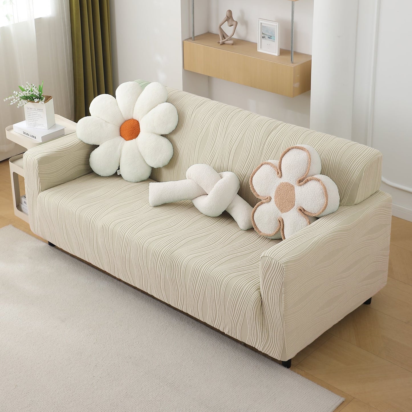 200gsm Knitting Jacquard Sofa Cover 1/2/3/4 Seater Fully Covered, Skimmed Cream